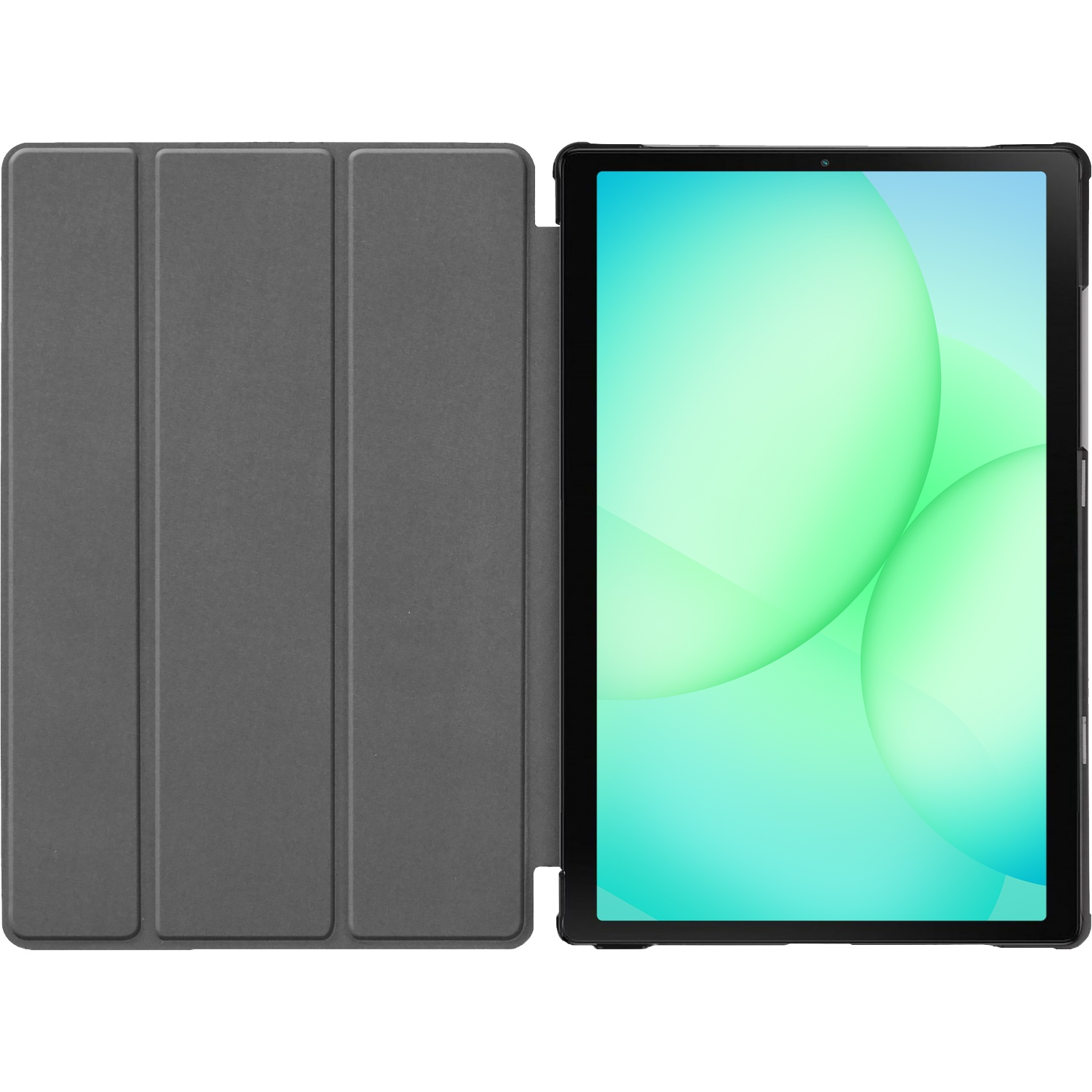 Tablet met open grijze hoes, scherm toont groene en blauwe gradiënt cirkels. De hoes zit links.