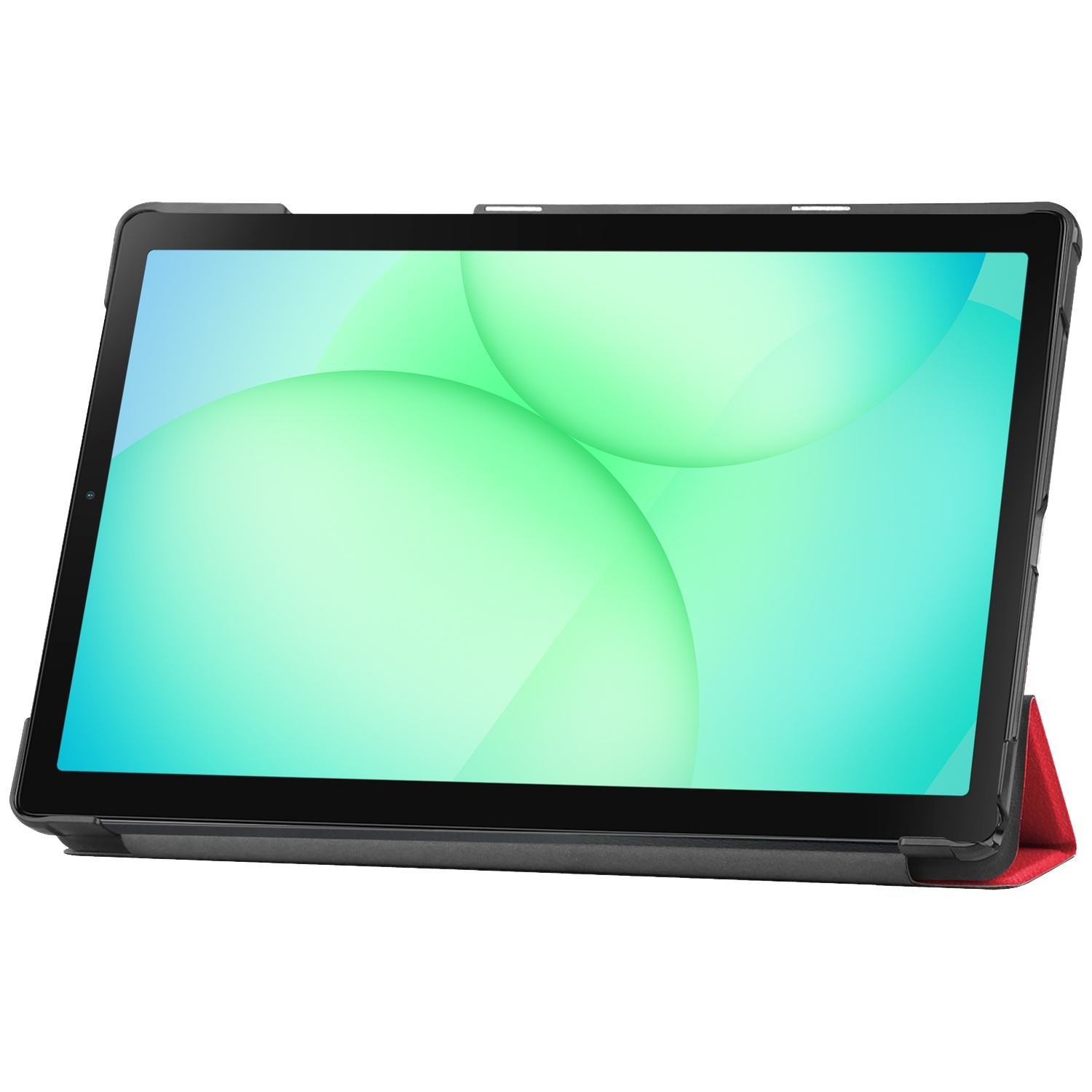 Tablet met zwart frame en kleurrijk scherm, rode hoes opgevouwen ter ondersteuning.