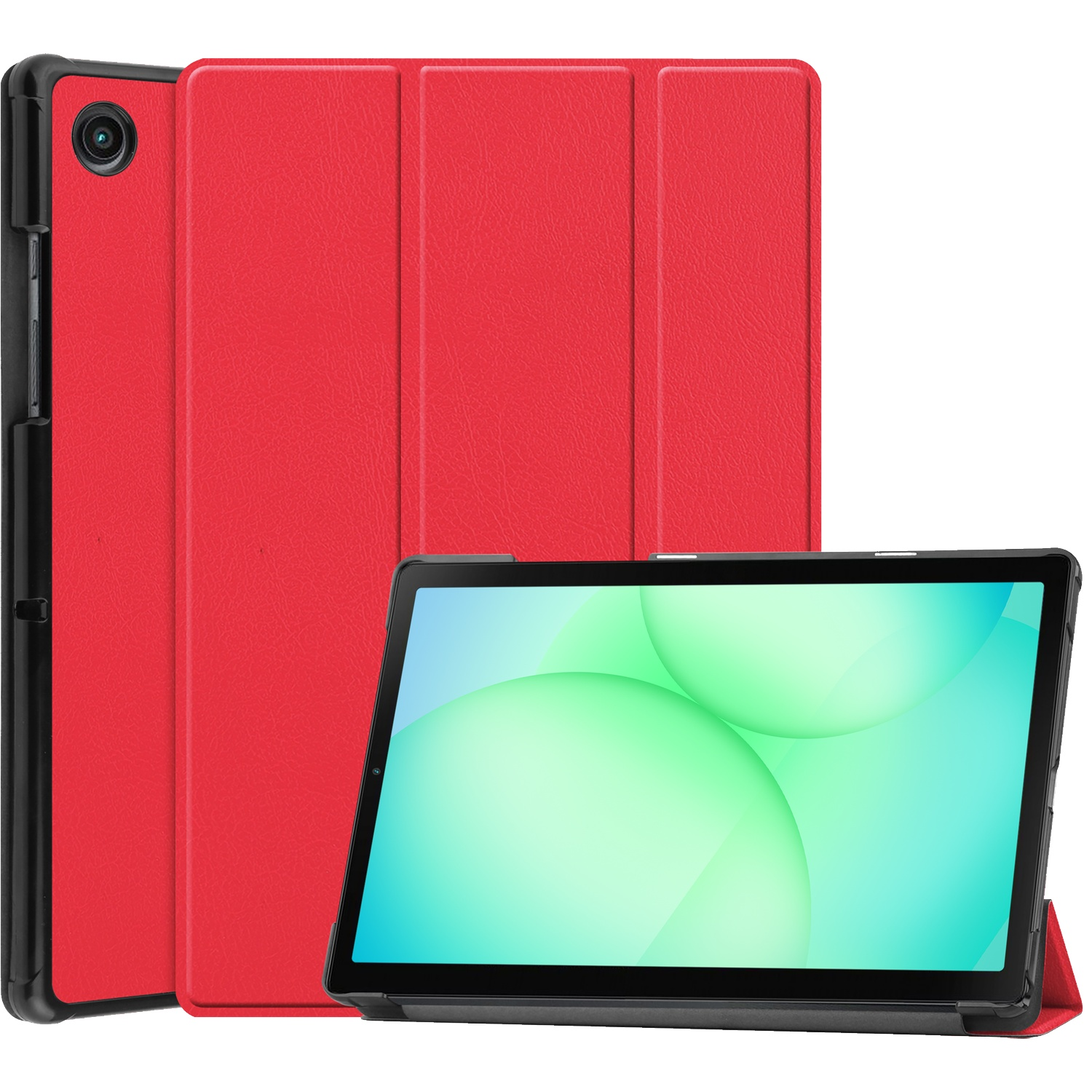 Een tablet in een rode hoes wordt weergegeven. Het scherm toont groene bollen. De hoes is open en een tweede hoes staat rechtop.