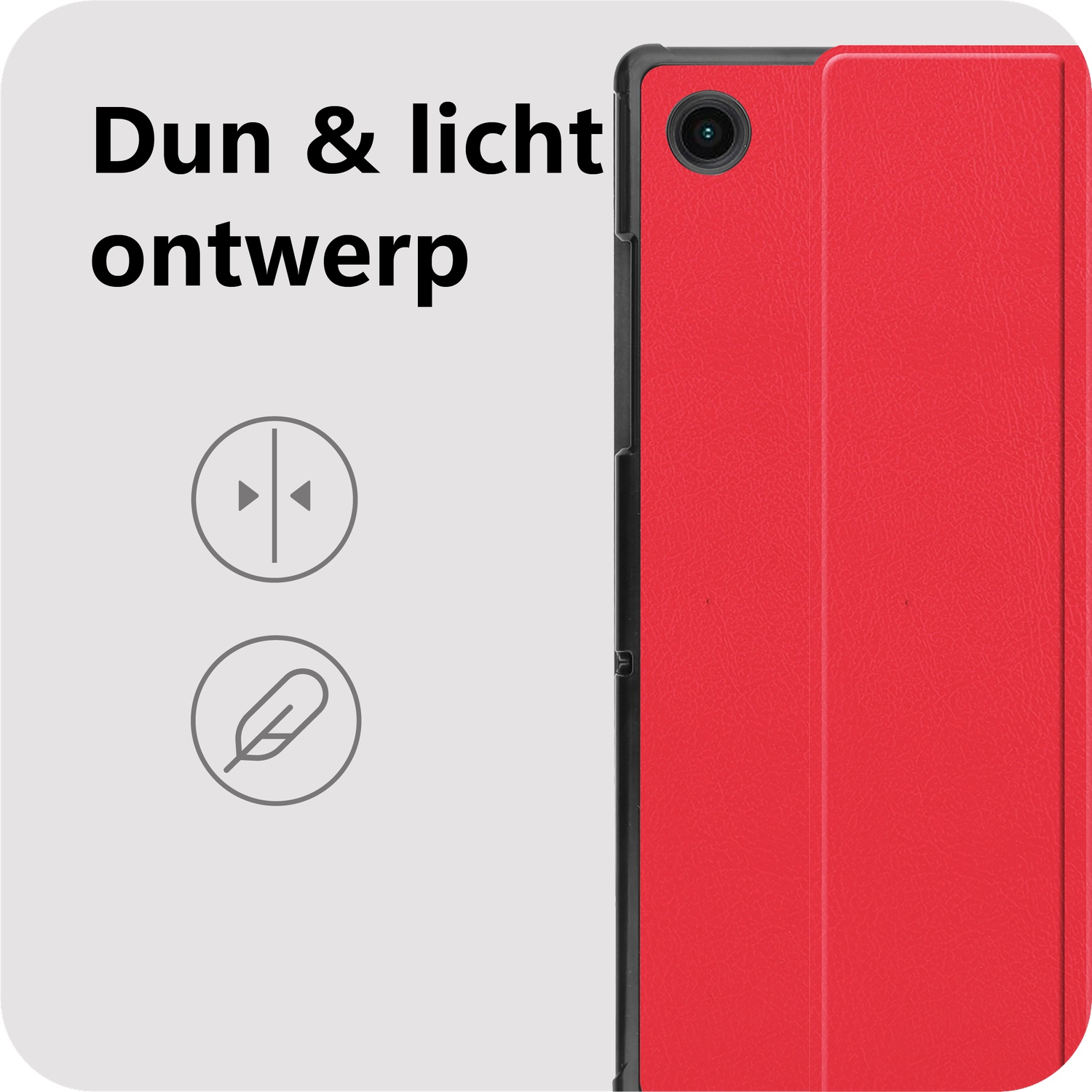 Rode tablethoes met camera, tekst 'Dun & licht ontwerp' en iconen voor dunheid en lichtheid.