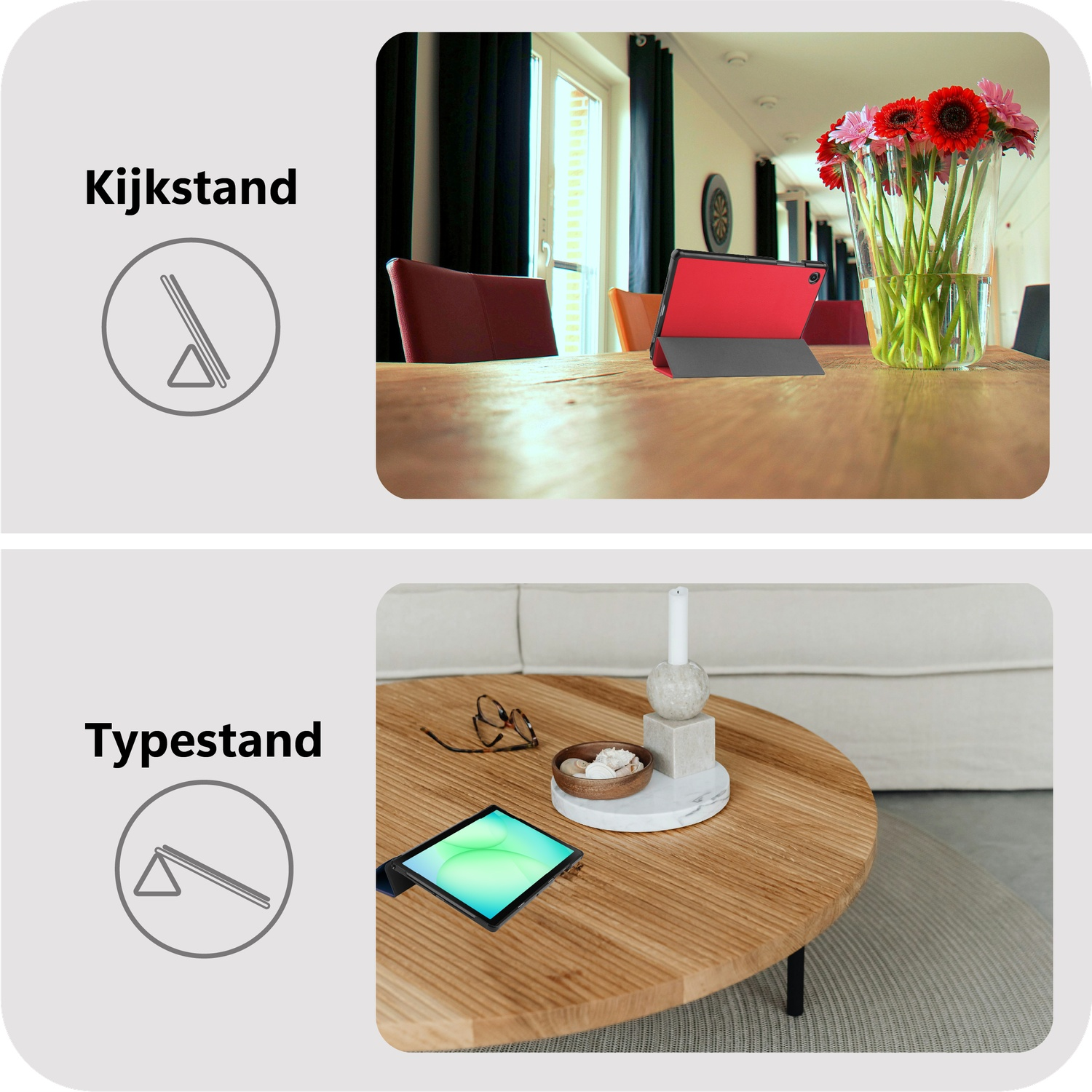 Boven: Tablet in rode hoes op houten tafel, bloemen in vaas. Onder: Tablet in zwarte hoes, bril, schelpen op tafel.