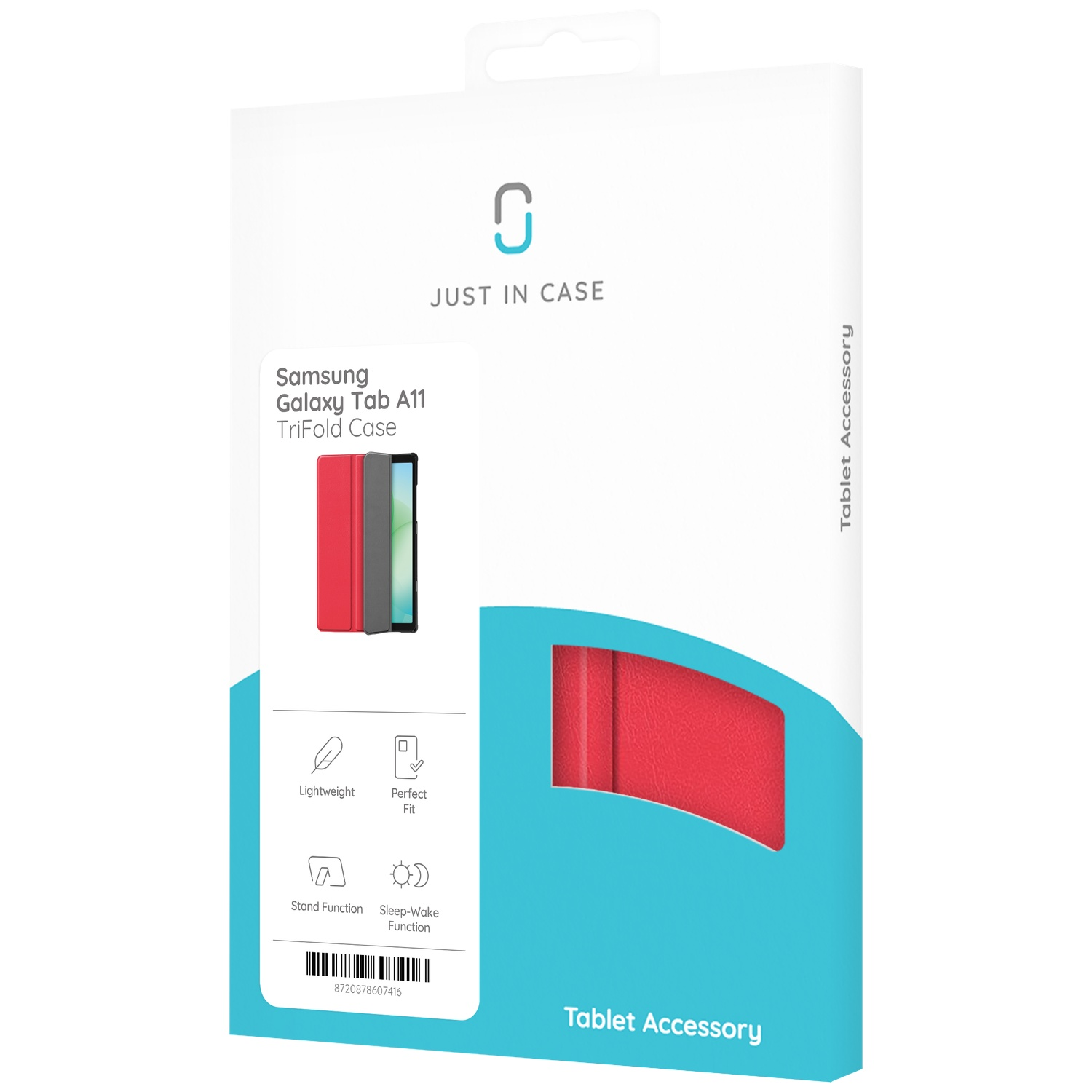 Een doos voor een tablethoesje. Er staat 'Samsung Galaxy Tab A11 TriFold Case'. De doos is wit met wat blauw. De hoes is rood.