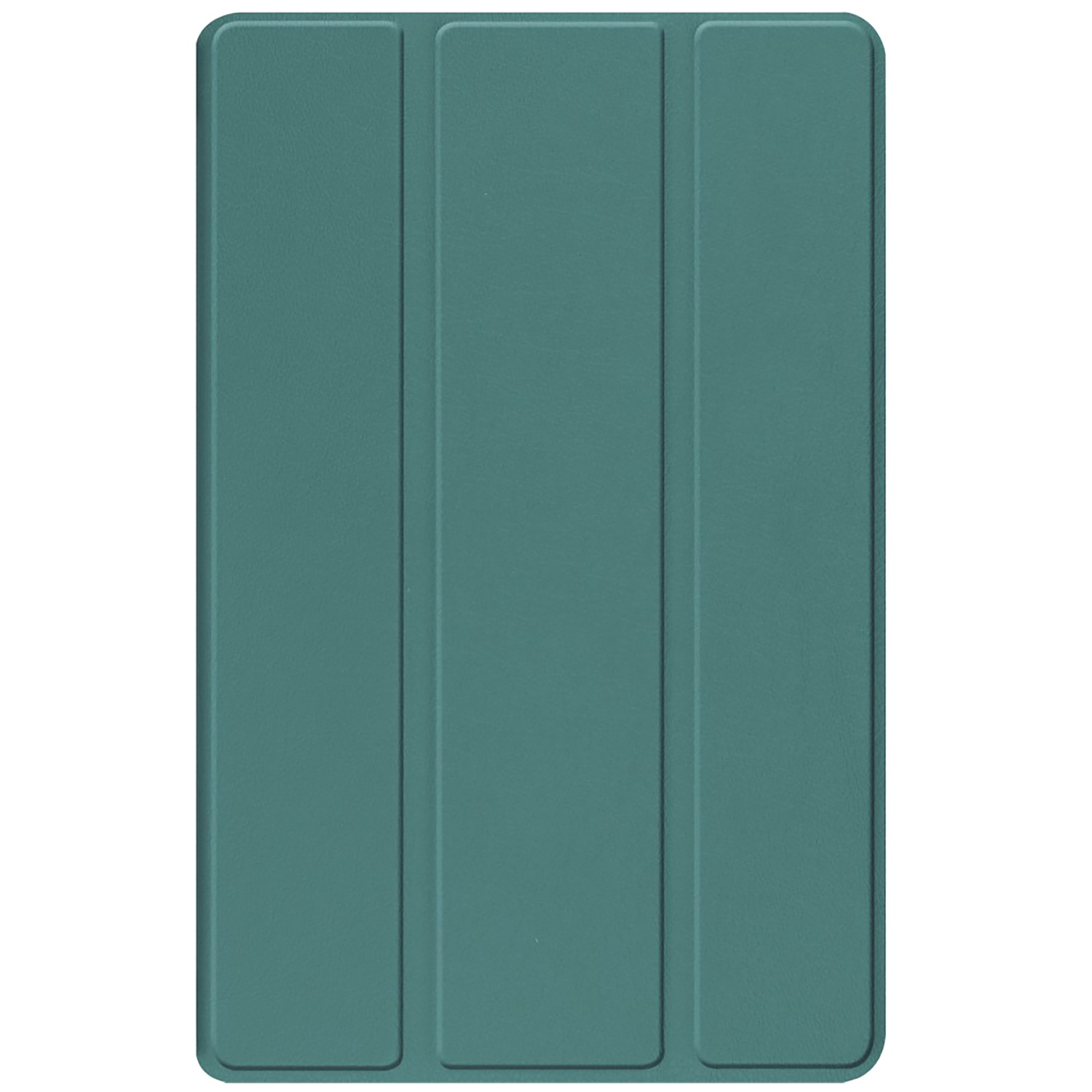 Een teal tablet hoes, gevouwen in drie secties. Het oppervlak heeft een licht getextureerd uiterlijk. De achtergrond is effen wit.