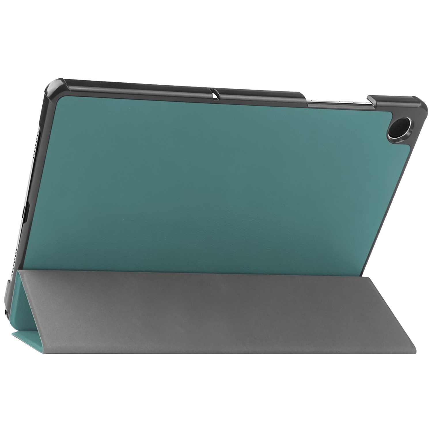 Tablethoes in blauwgroen en grijs. De blauwgroene achterkant wordt ondersteund door een grijze hoes. Zwart frame omringt het blauwgroene gedeelte.