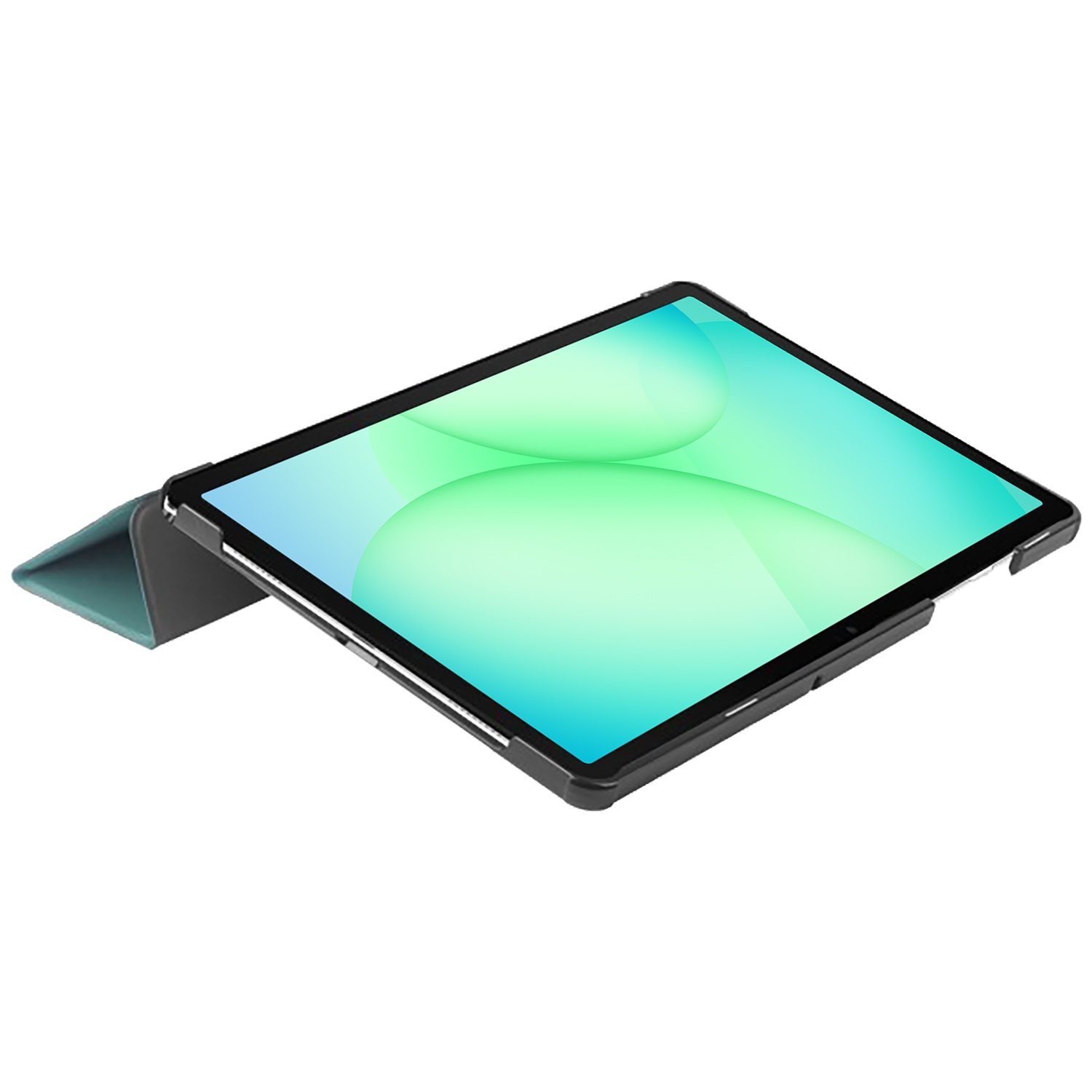 Tablet in een zwarte hoes, scherm met een lichtgroene gradiënt. De hoes heeft een blauwgroene cover en het apparaat is schuin.