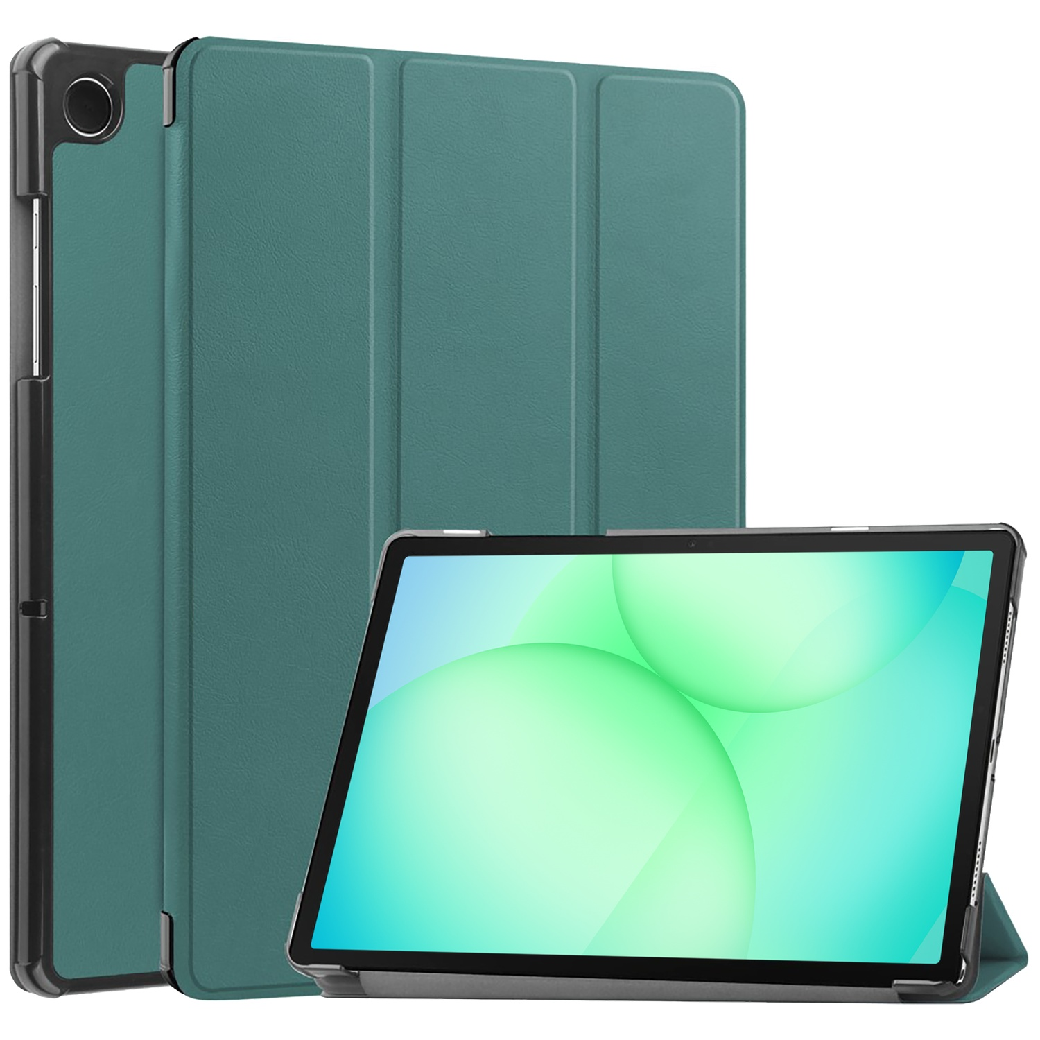 Tablet met een blauwgroene hoes en een scherm met groene bollen. De tablet staat voor een grotere blauwgroene hoes.