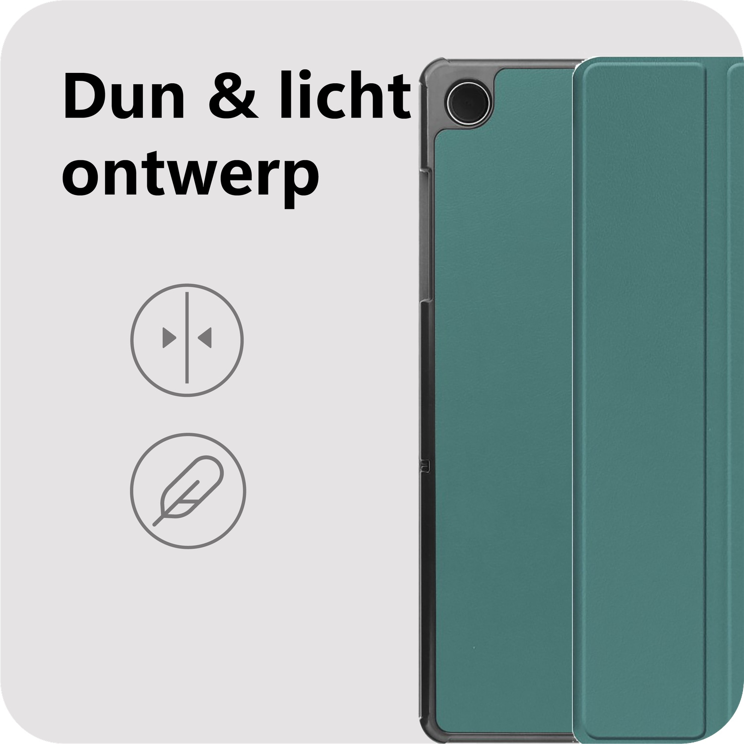 Afbeelding toont een teal tablet case, gedeeltelijk open. Tekst zegt 'Dun & licht ontwerp' met iconen voor grootte en veer.