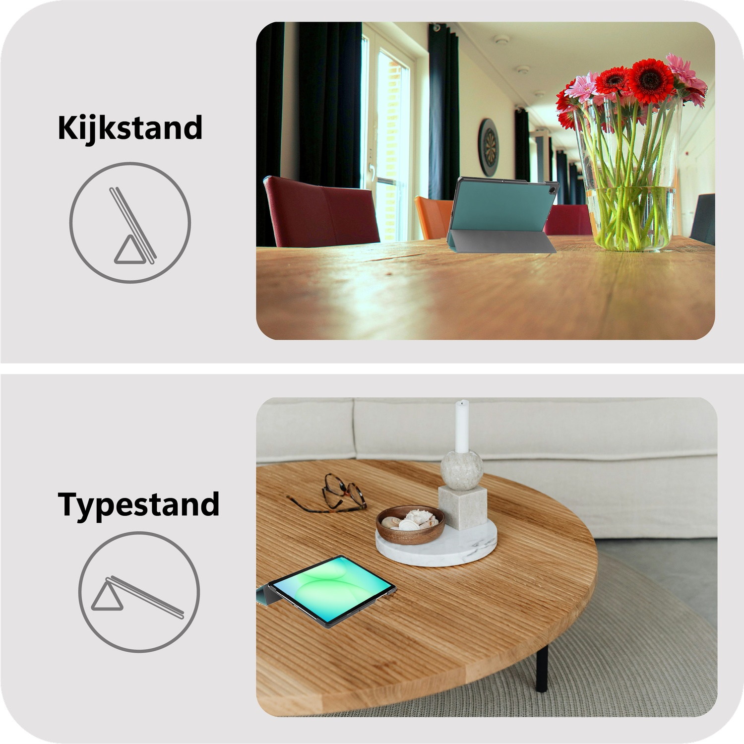 Boven: Tablet op tafel met vaas bloemen. Onder: Tablet op tafel met kaars en bril.