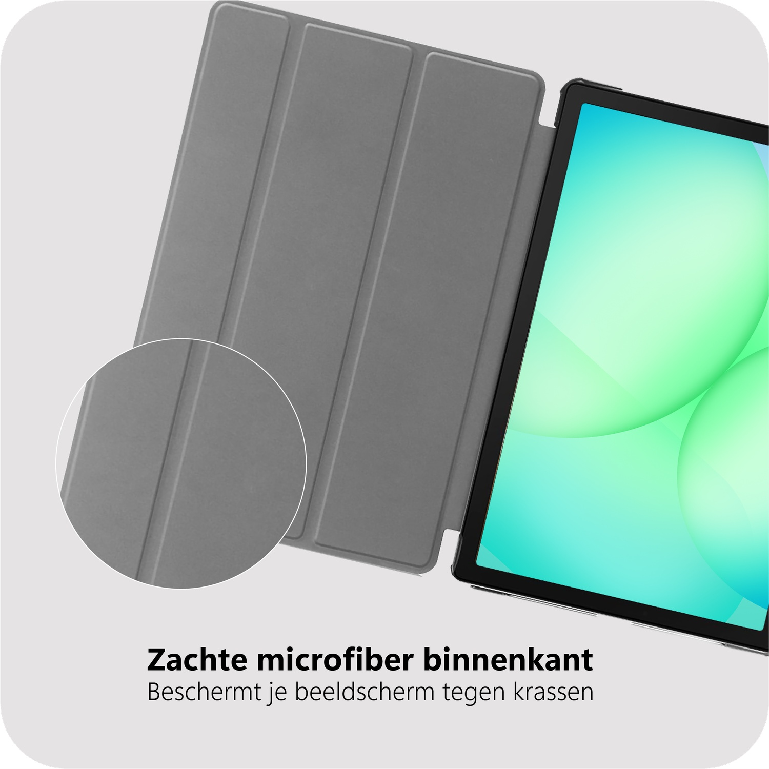 Tablet in een grijze hoes. Het scherm toont een groen-witte gradiënt. De hoes is open, en toont de binnenkant.