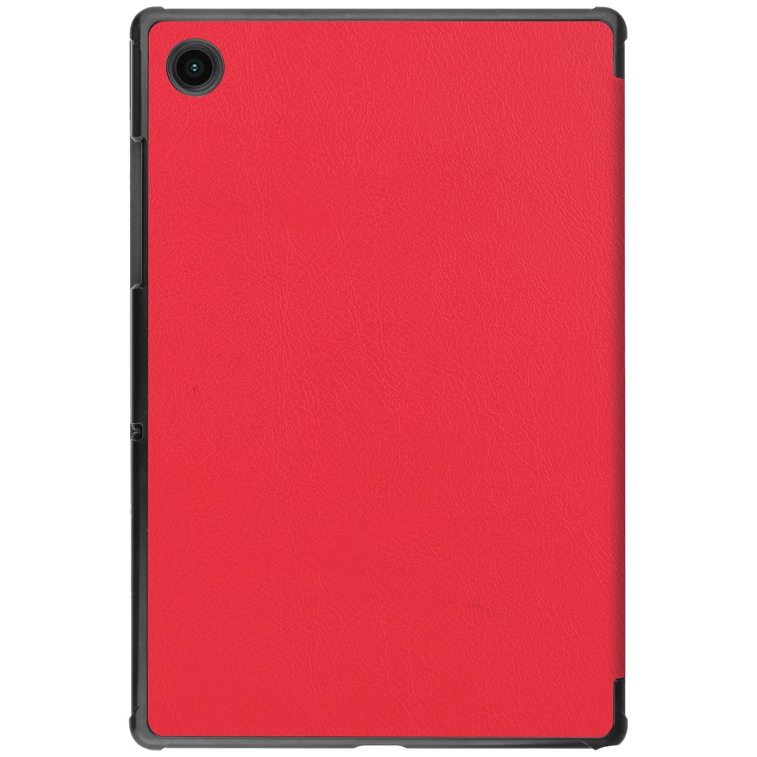 Red tablet in a black case, camera on top left. The case is textured. The background is white.