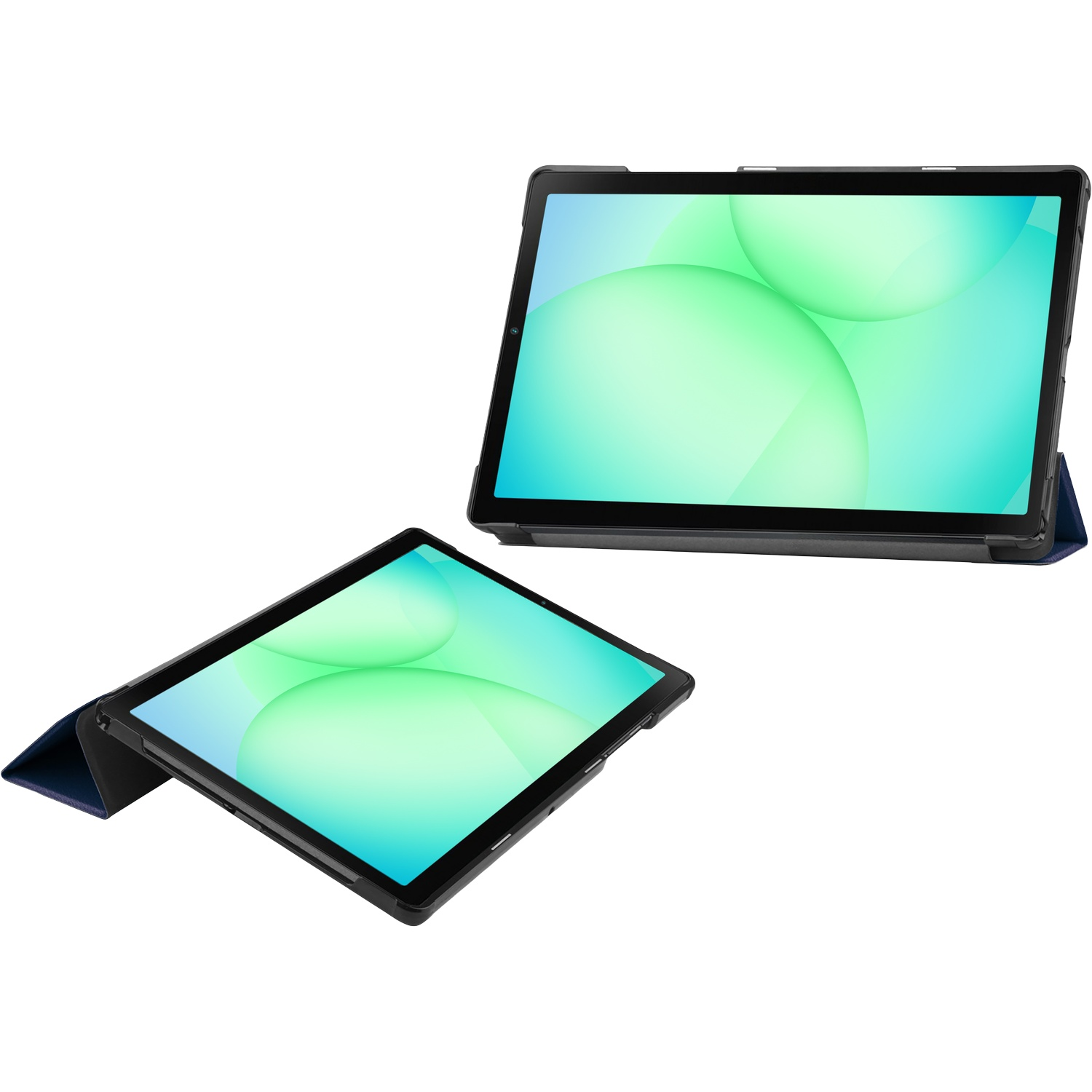 Two tablets, one upright, the other at an angle, both with black frames and green and blue screen backgrounds, on a white background.