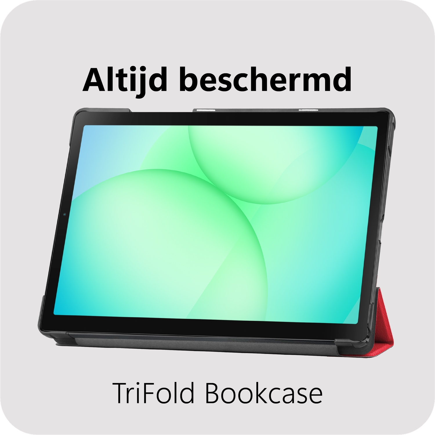 Tablet in a case, with a green and white gradient screen. Text above says 'Always protected', below: 'TriFold Bookcase'.