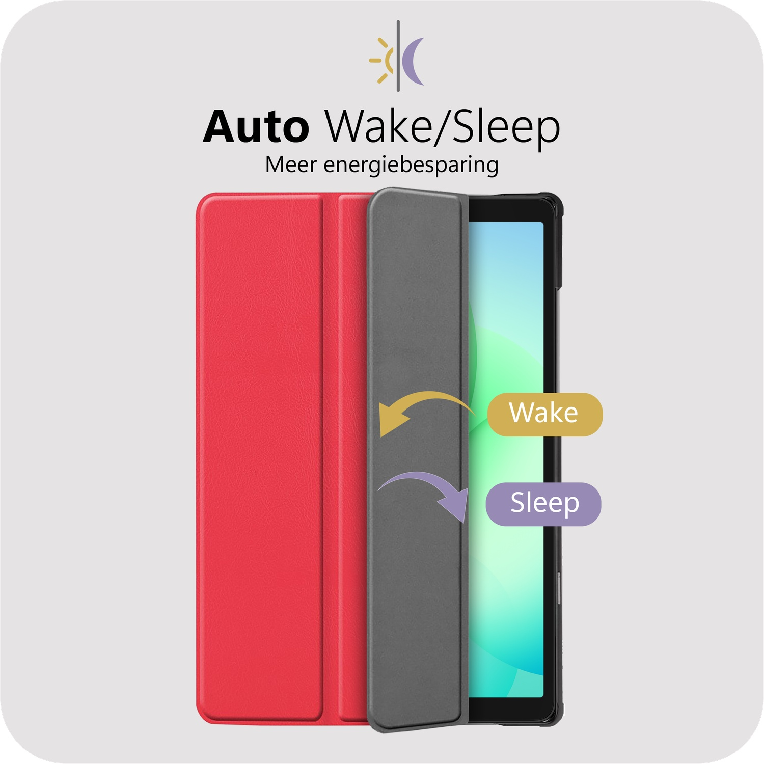 Tablet case with wake/sleep feature. Red cover on the left, grey in the middle, and tablet screen on the right. Arrows illustrate the action.