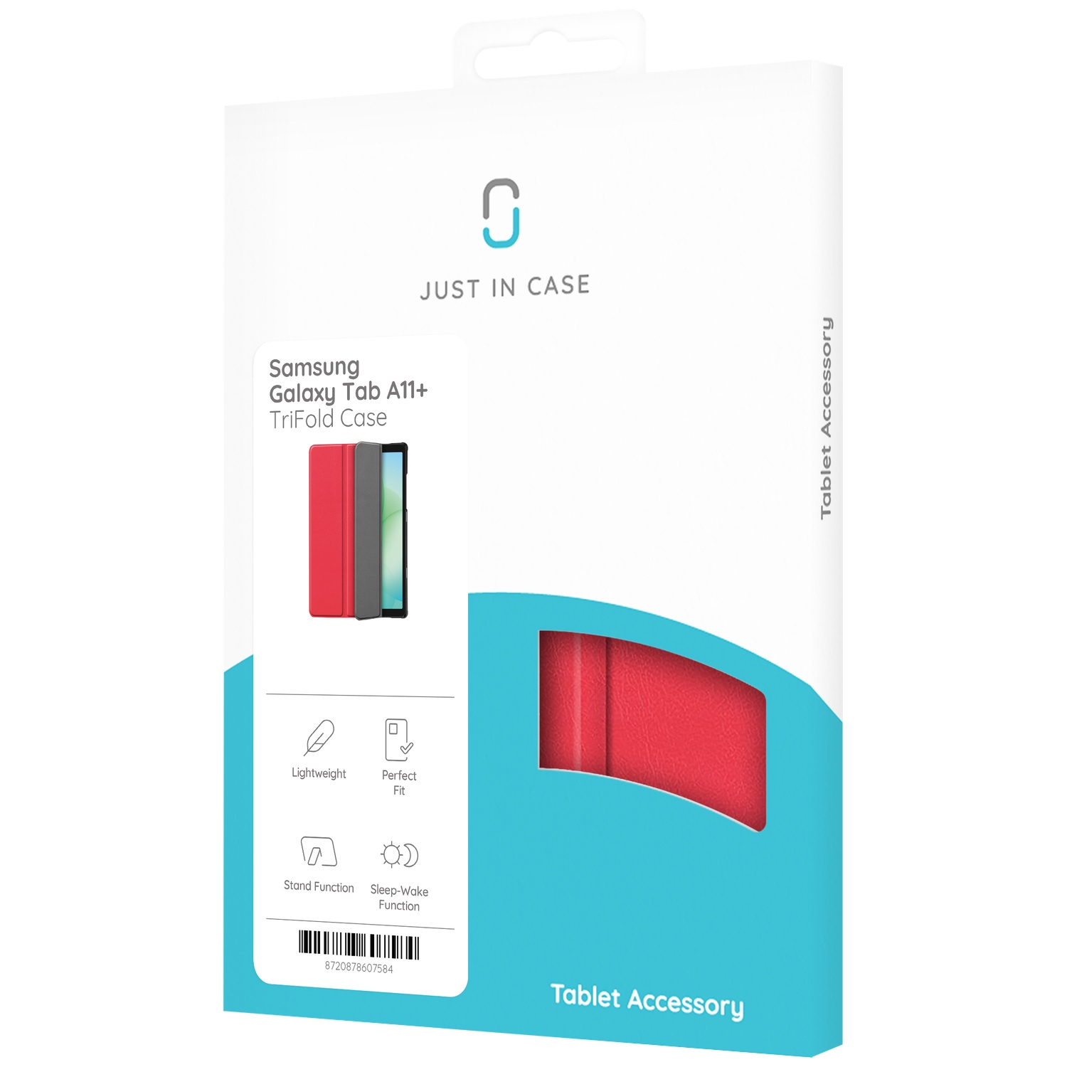 A tablet case box. It has red and gray cases on display with text: Samsung Galaxy Tab A11+ TriFold Case. White background.
