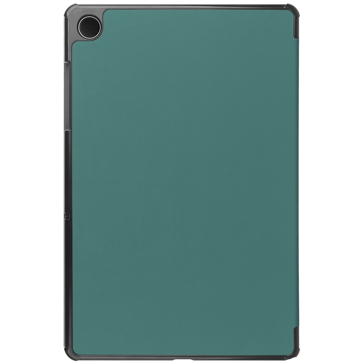 A teal tablet case, rectangular with rounded corners. A camera lens is visible. The case has a dark frame.