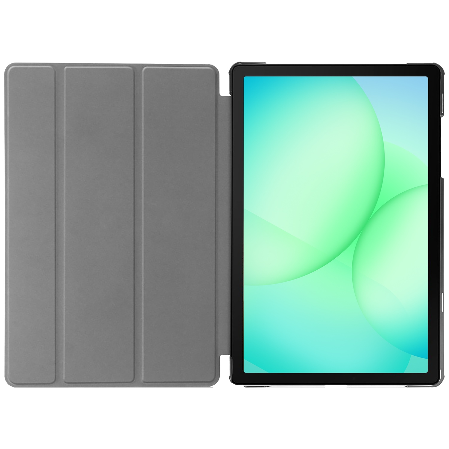 Tablet with case open. The screen shows green and blue circles. The case is gray.