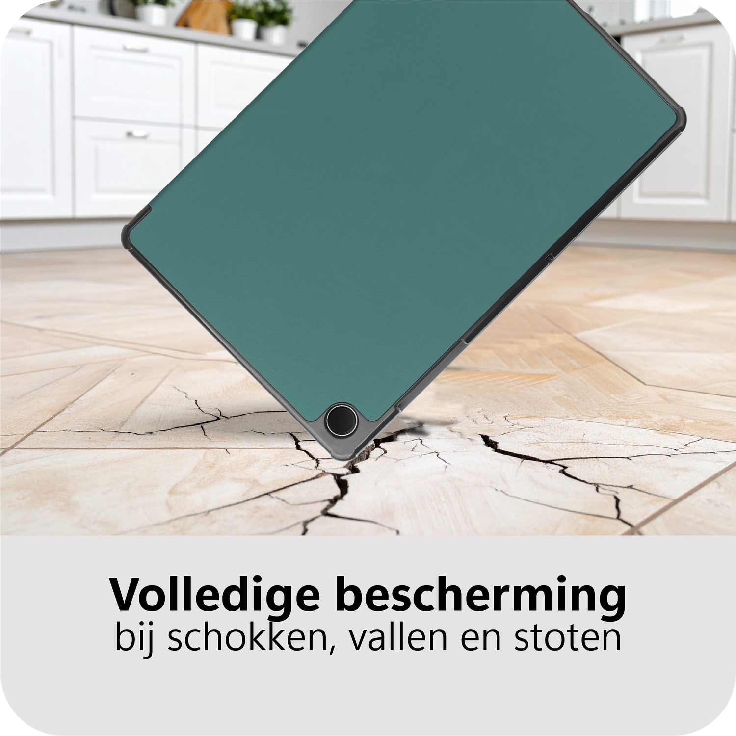 A teal tablet case falling on a cracked tile floor, white cabinets in background. Text below: Complete protection against shocks, falls, bumps.