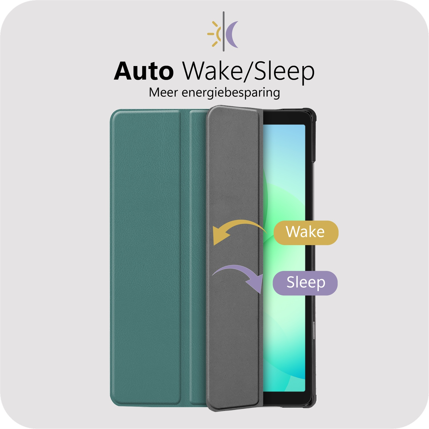 Tablet case with 'Auto Wake/Sleep' text. Open case shows screen with 'Wake' and 'Sleep' options. Arrows indicate open/close actions.
