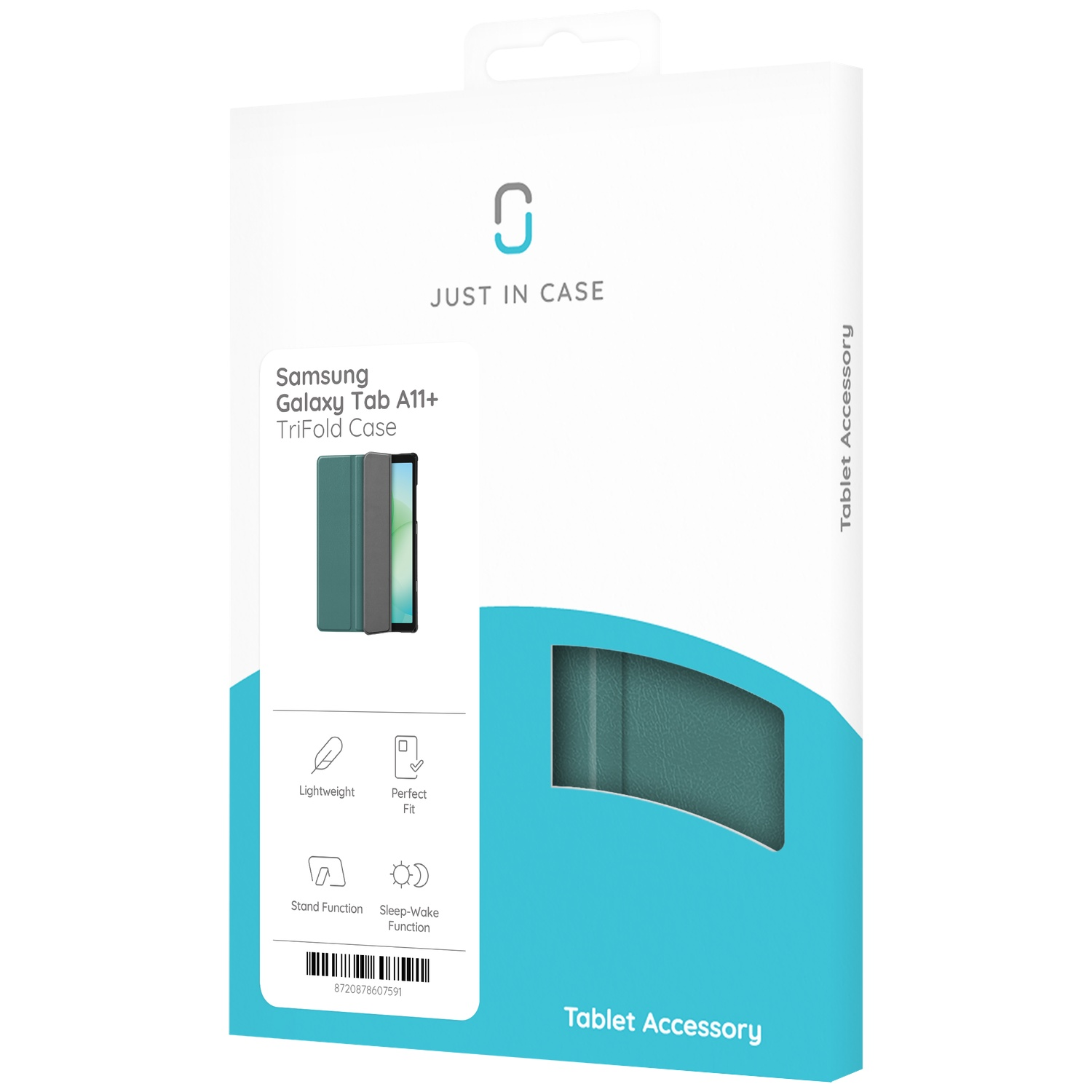 A tablet case box. The box is white with teal accents and the words "Samsung Galaxy Tab A11+ TriFold Case" printed on it.