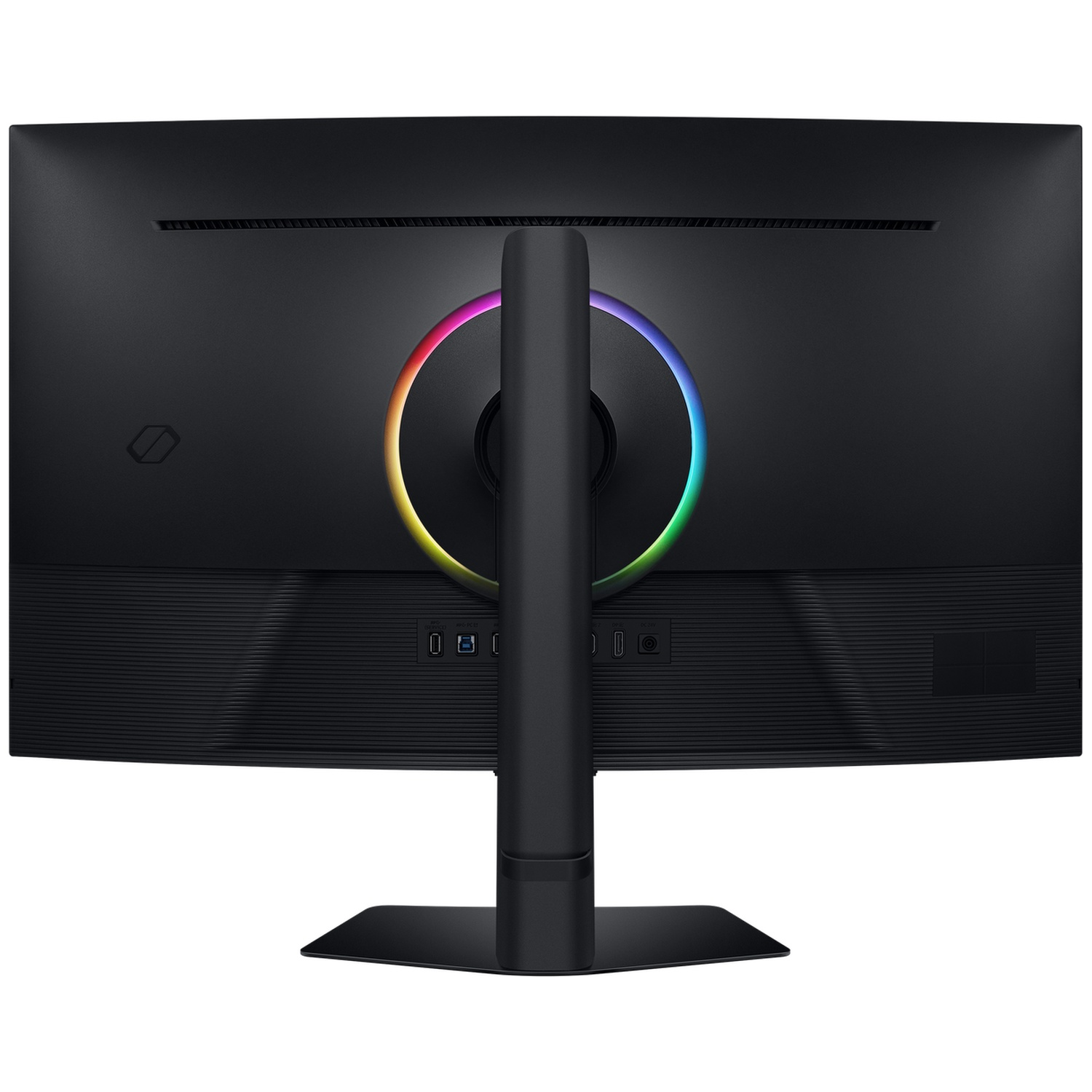 Achterkant van een zwarte computermonitor. Het heeft een standaard, een kleurrijk ringlicht en verschillende poorten.