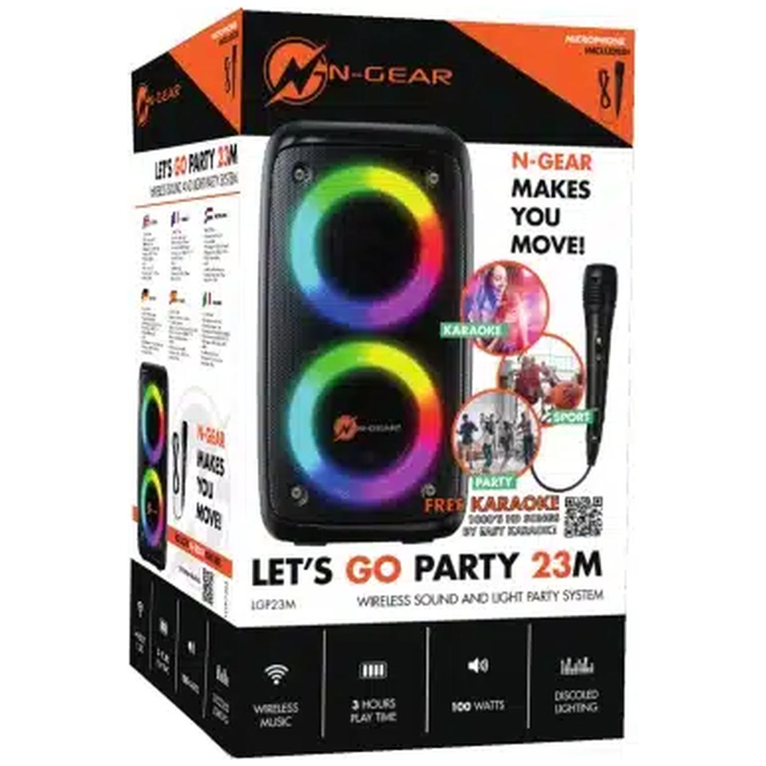 Een doos met een luidspreker. Het heeft kleurrijke lichten en de tekst 'LET'S GO PARTY 23M'. Het toont ook een microfoon en karaoke-afbeeldingen.