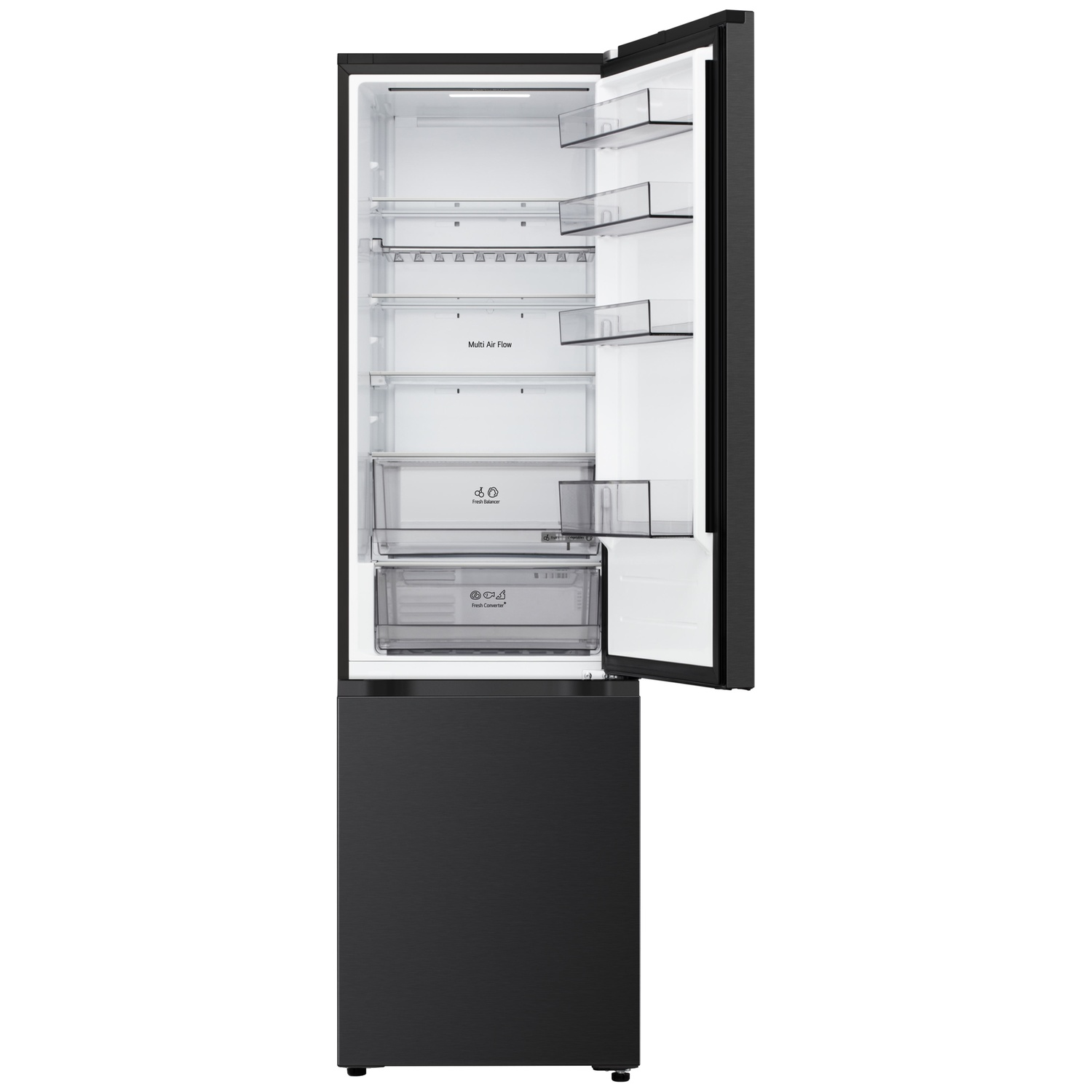 Open black refrigerator with the door ajar. Interior shows shelves, drawers, and labels like 'Multi Air Flow' and 'Fresh Balancer'.