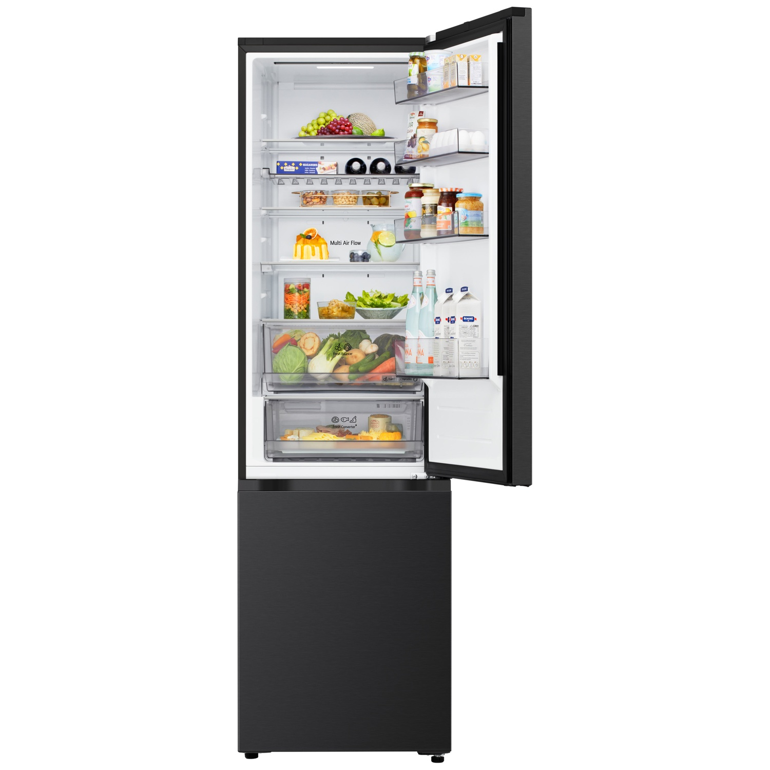 Open black refrigerator filled with fruits, vegetables, drinks, and food items on shelves. Door is open.