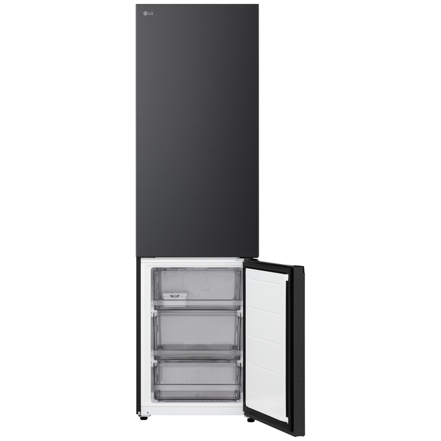 Black LG refrigerator with open freezer door. White interior with drawers. Top door closed.