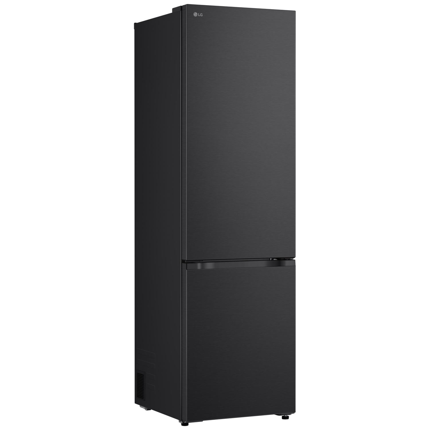 A black LG refrigerator. The upper door is tall, the lower door is shorter. The LG logo is at the top right corner.