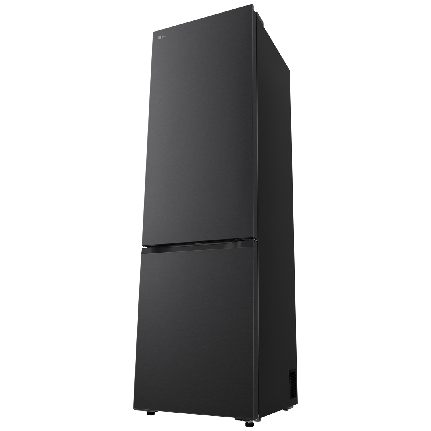A black LG refrigerator stands tall. It has two doors and is set against a white background. The LG logo is visible.