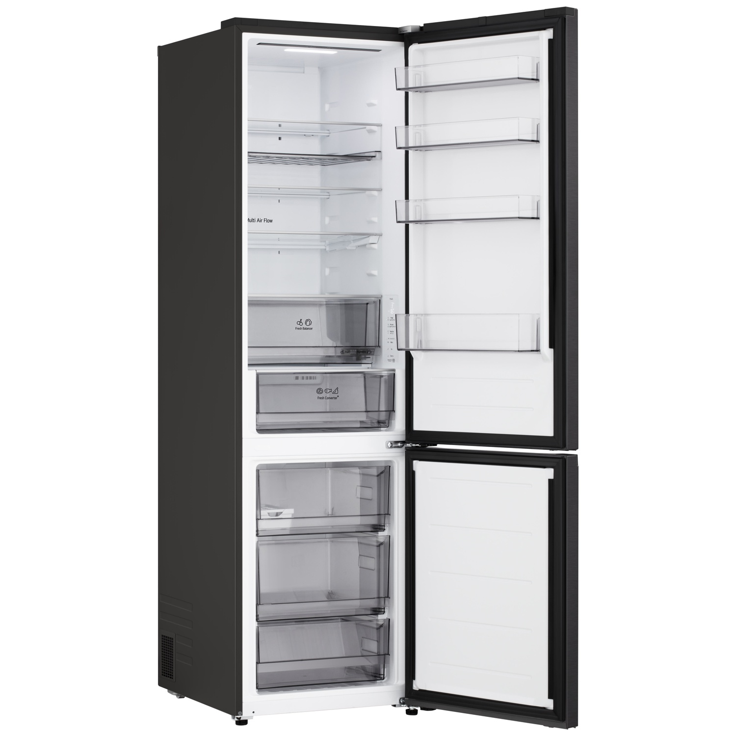 A black refrigerator with open doors, showing interior shelves and drawers. The fridge has a white interior and is on a white background.