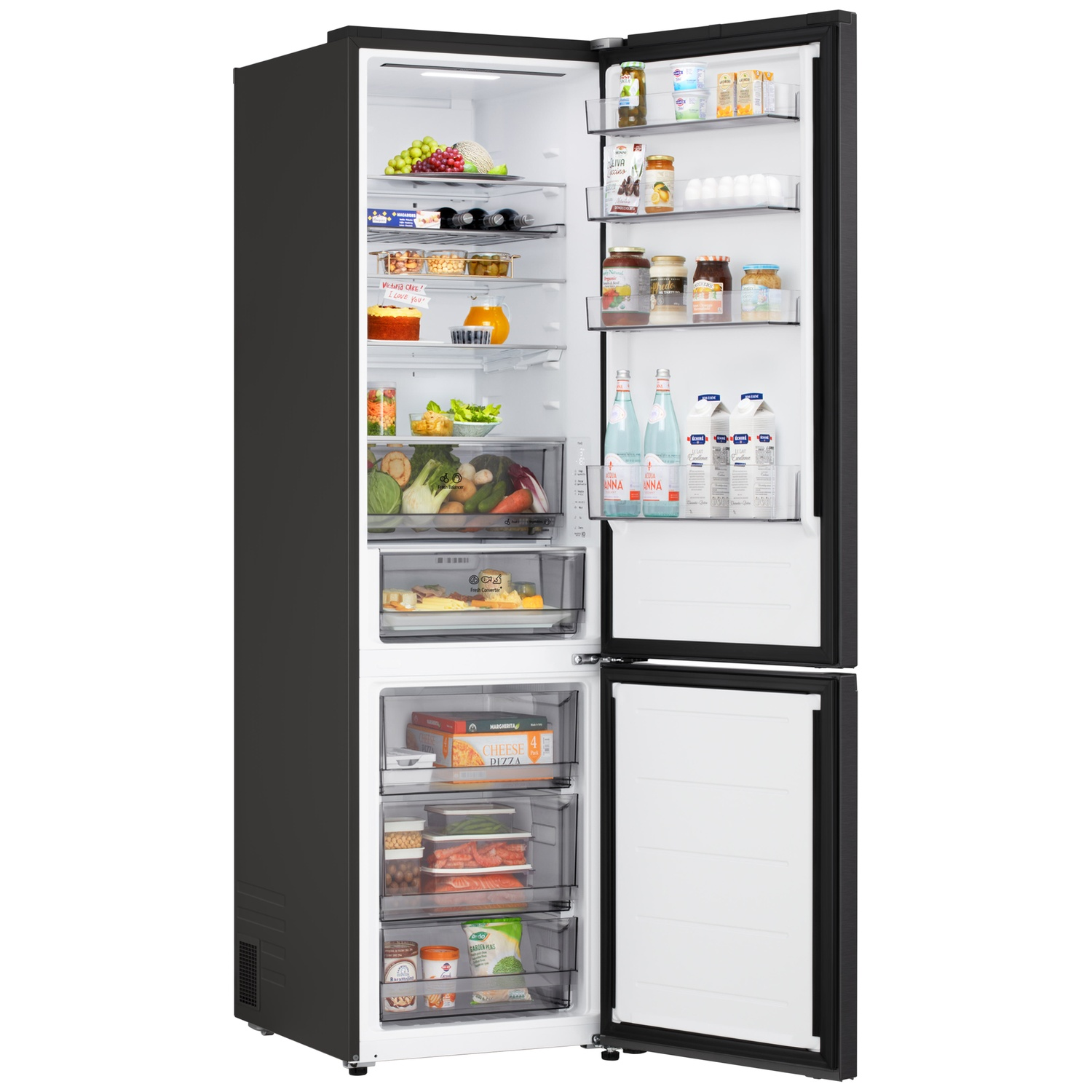 Open black refrigerator filled with food. Includes fruits, vegetables, drinks, and frozen pizzas.  Doors are open.