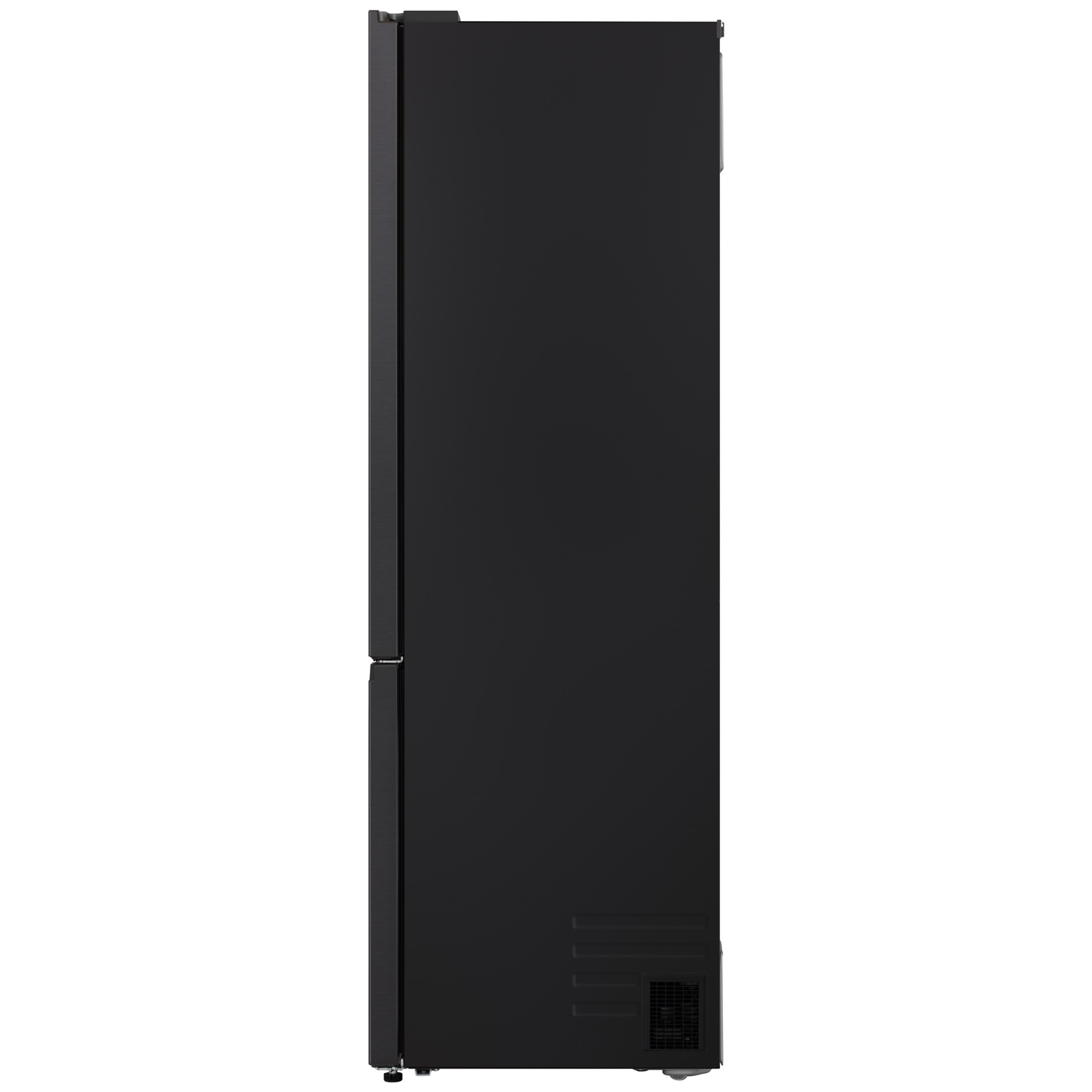 A black refrigerator stands against a white background. The side view shows a tall, sleek design with a door and a vent at the bottom.