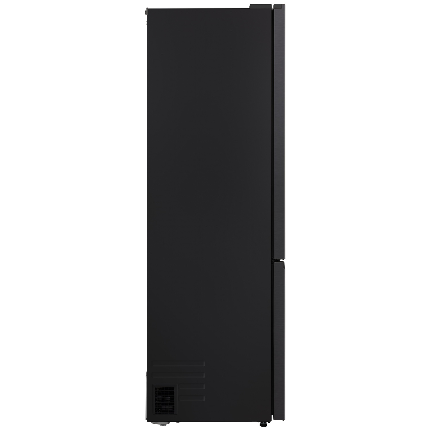 Side view of a black refrigerator against a white background. It has a vent and a handle. The door is closed.
