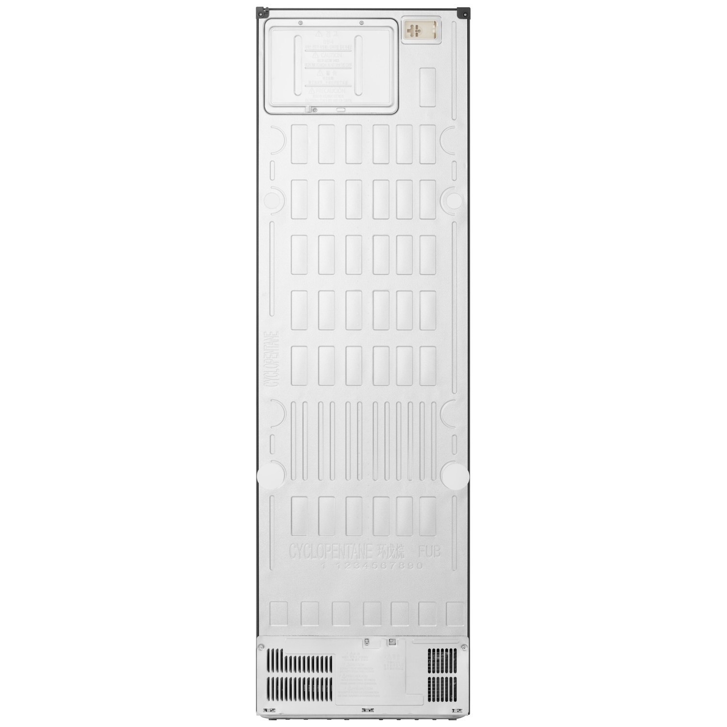 The back of a refrigerator. It has a white surface with rectangular patterns, vents, and labels. Text includes "CYCLOPENTANE" and numbers.