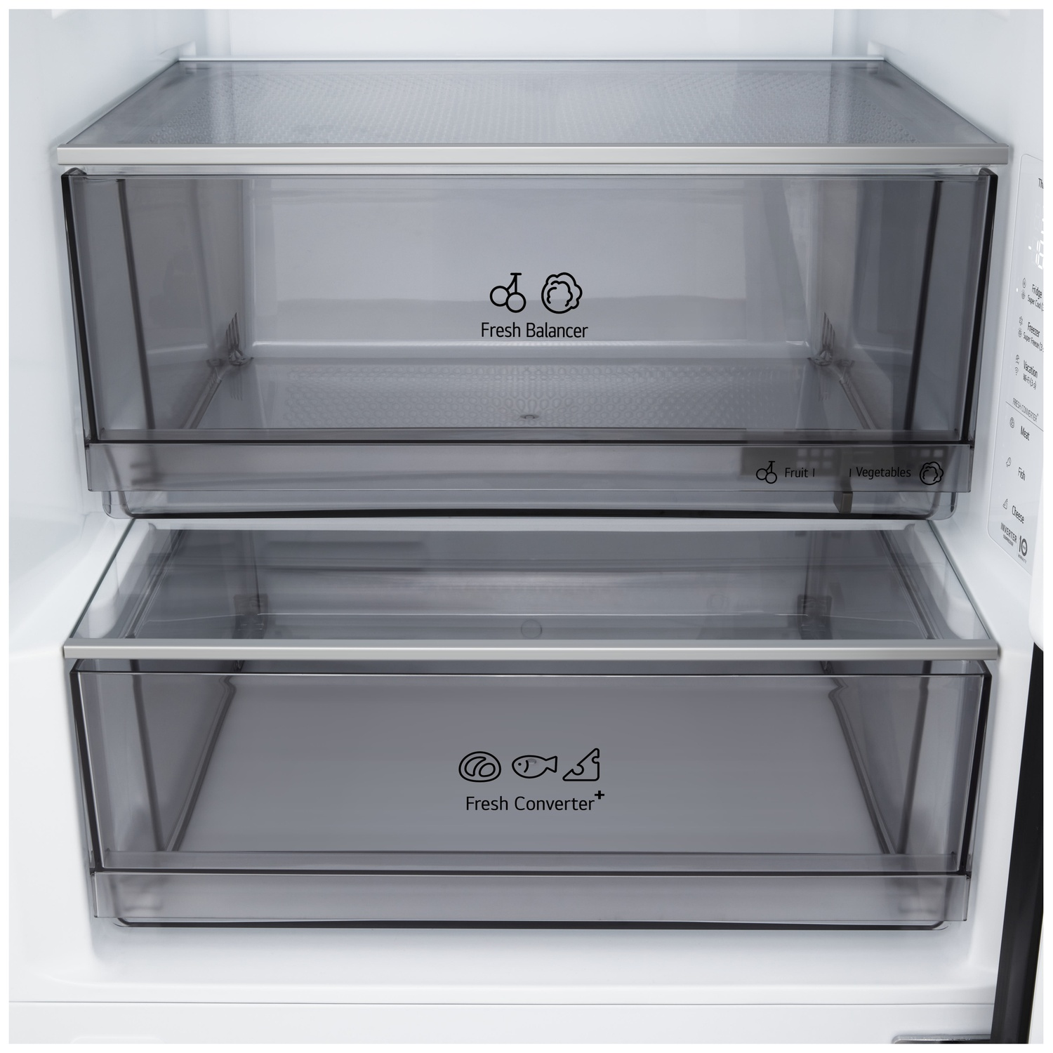 Inside a refrigerator, two transparent drawers labeled 'Fresh Balancer' and 'Fresh Converter+' are visible.
