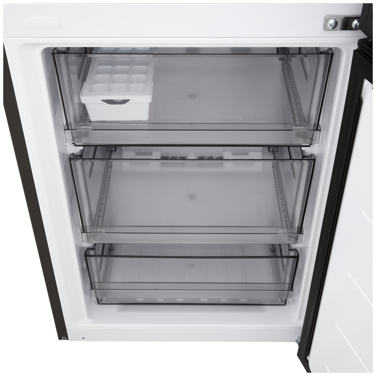 Open freezer with three transparent drawers. A white ice cube tray sits in the top drawer.