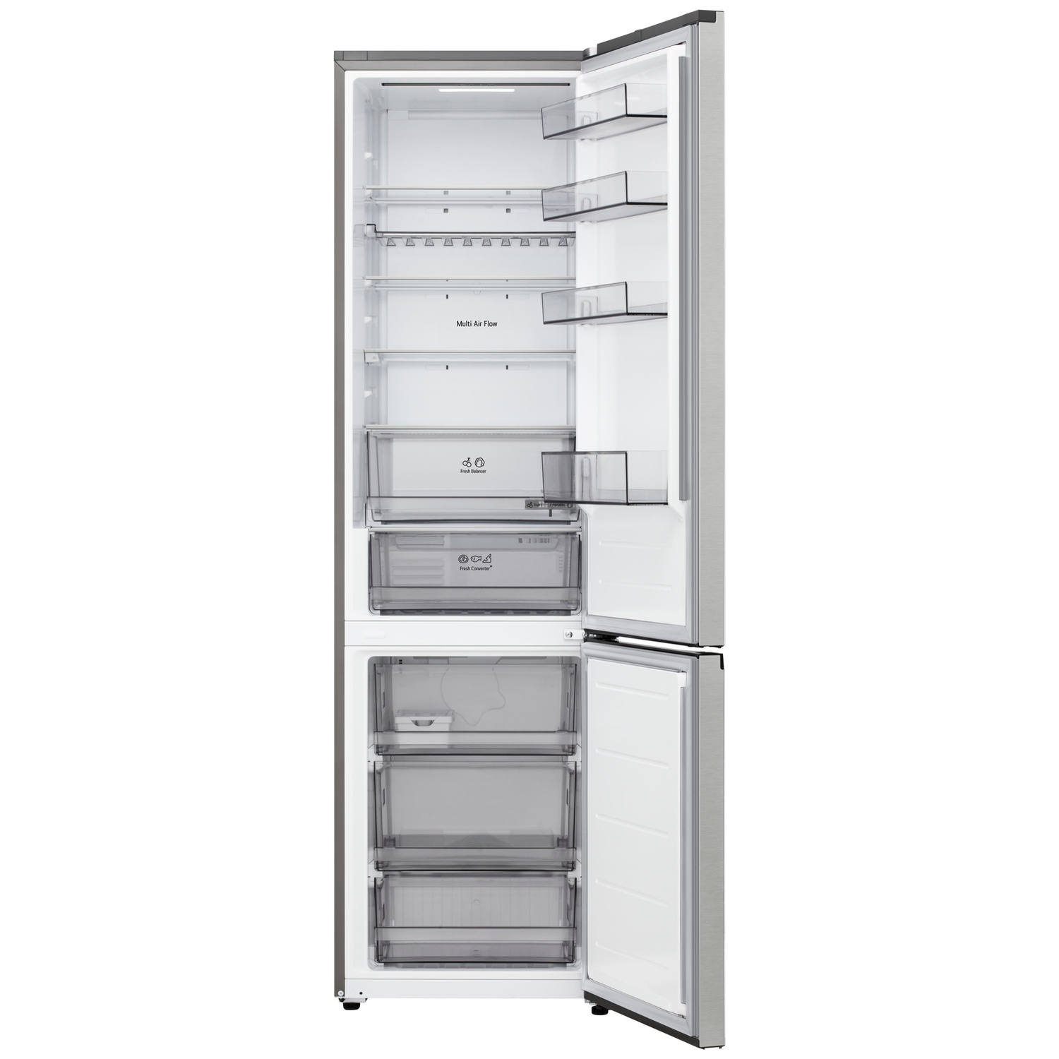 Réfrigérateur ouvert montrant les compartiments intérieurs, les étagères et les tiroirs. Extérieur en acier inoxydable avec porte ouverte.