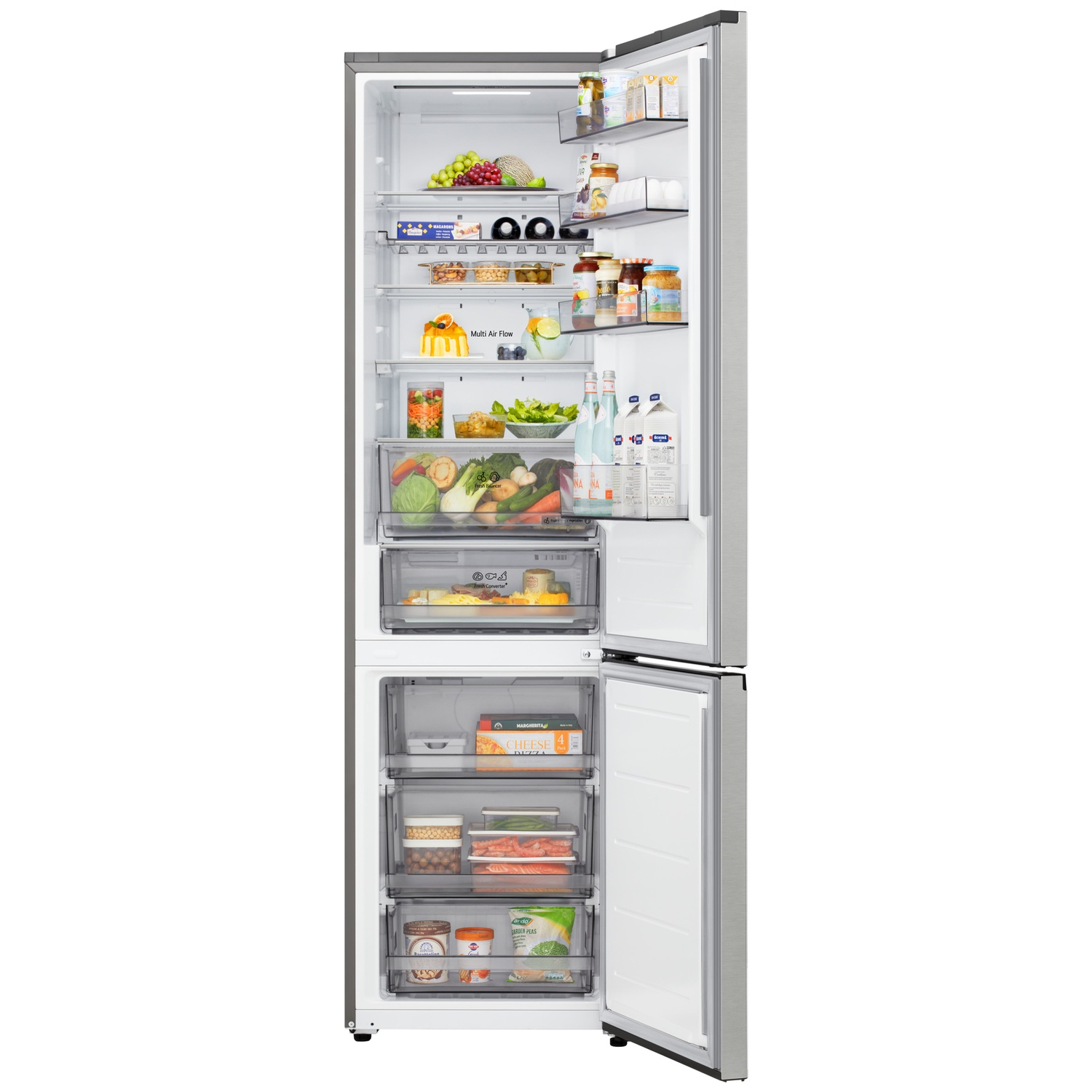 Réfrigérateur ouvert rempli de nourriture : fruits, légumes, boissons et produits emballés. Le congélateur inférieur est ouvert. Extérieur argenté.