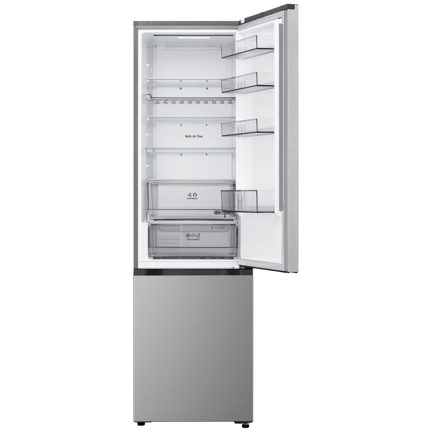 Réfrigérateur en acier inoxydable ouvert avec étagères, tiroirs et porte ouverte sur fond blanc.