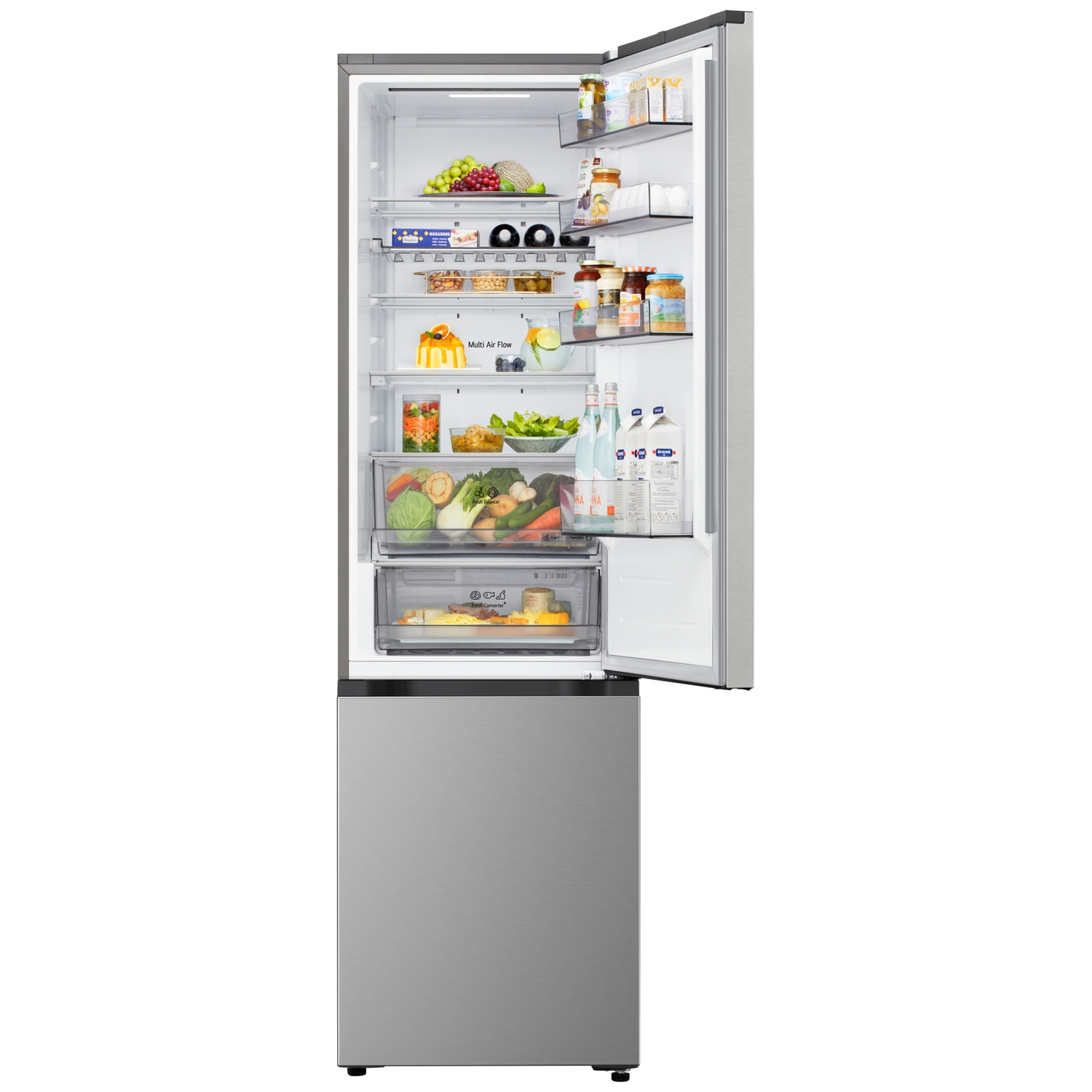 Réfrigérateur ouvert rempli de nourriture : fruits, légumes, boissons et produits emballés. Design gris et argent avec la porte ouverte.