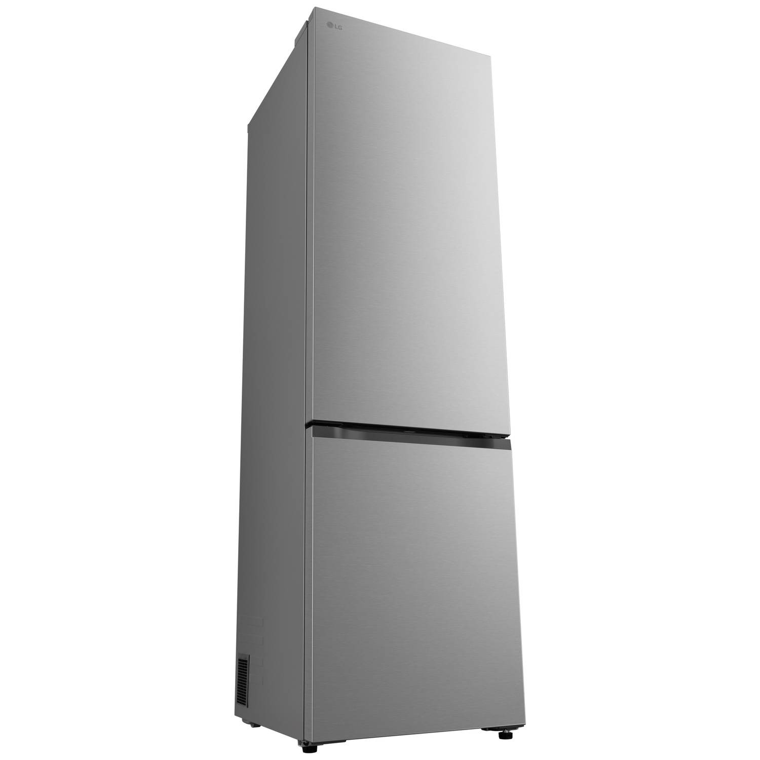 Un réfrigérateur LG en acier inoxydable sur fond blanc. Il a une porte supérieure et un tiroir inférieur.