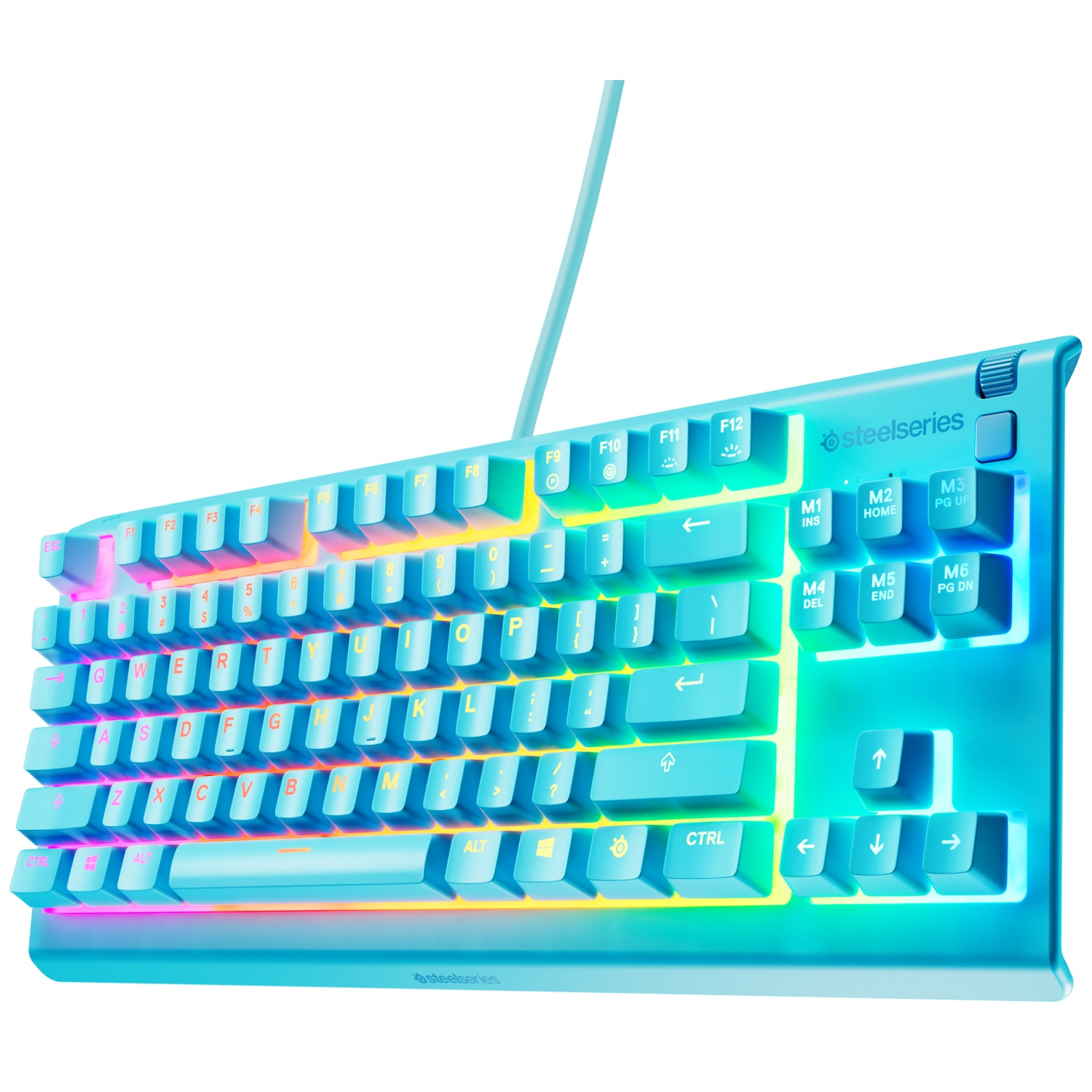 A blue SteelSeries keyboard with illuminated keys. Letters and symbols are visible. The cable is light blue.