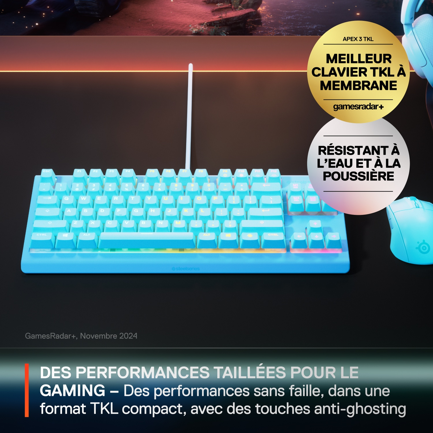 A blue keyboard with glowing keys and a matching mouse are on a dark surface. Text in French indicates a gaming focus.