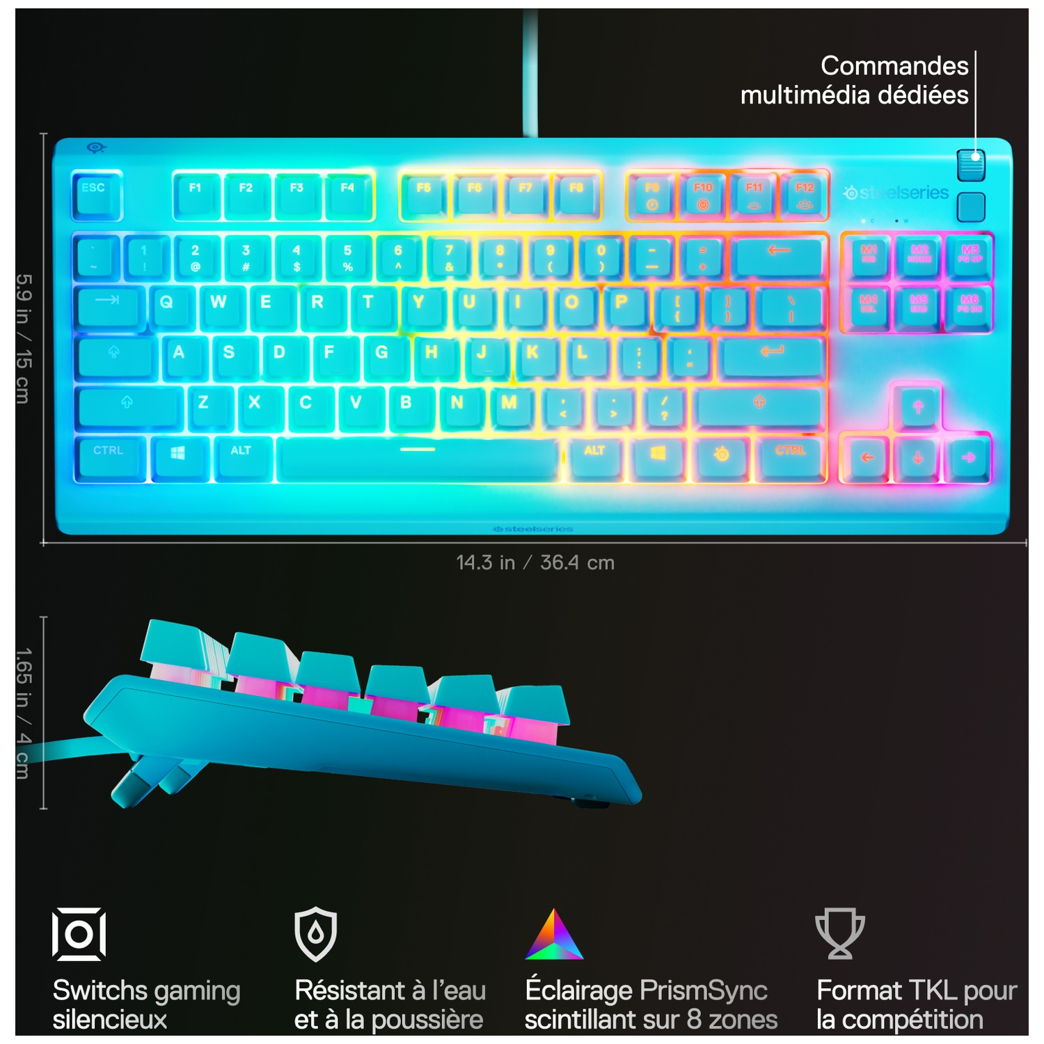 Blue keyboard with illuminated keys, some keys are pink. Dimensions are displayed with text.