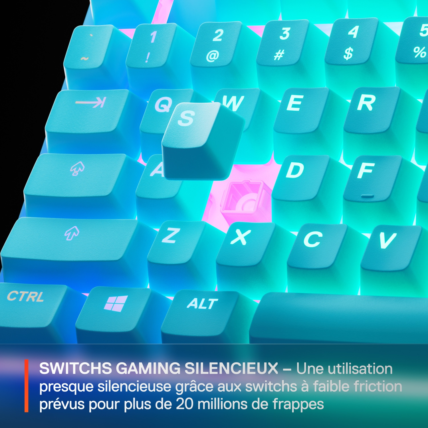 Close-up of a gaming keyboard. The keys are light blue, with white letters and numbers. The keyboard is backlit with teal and pink lights.