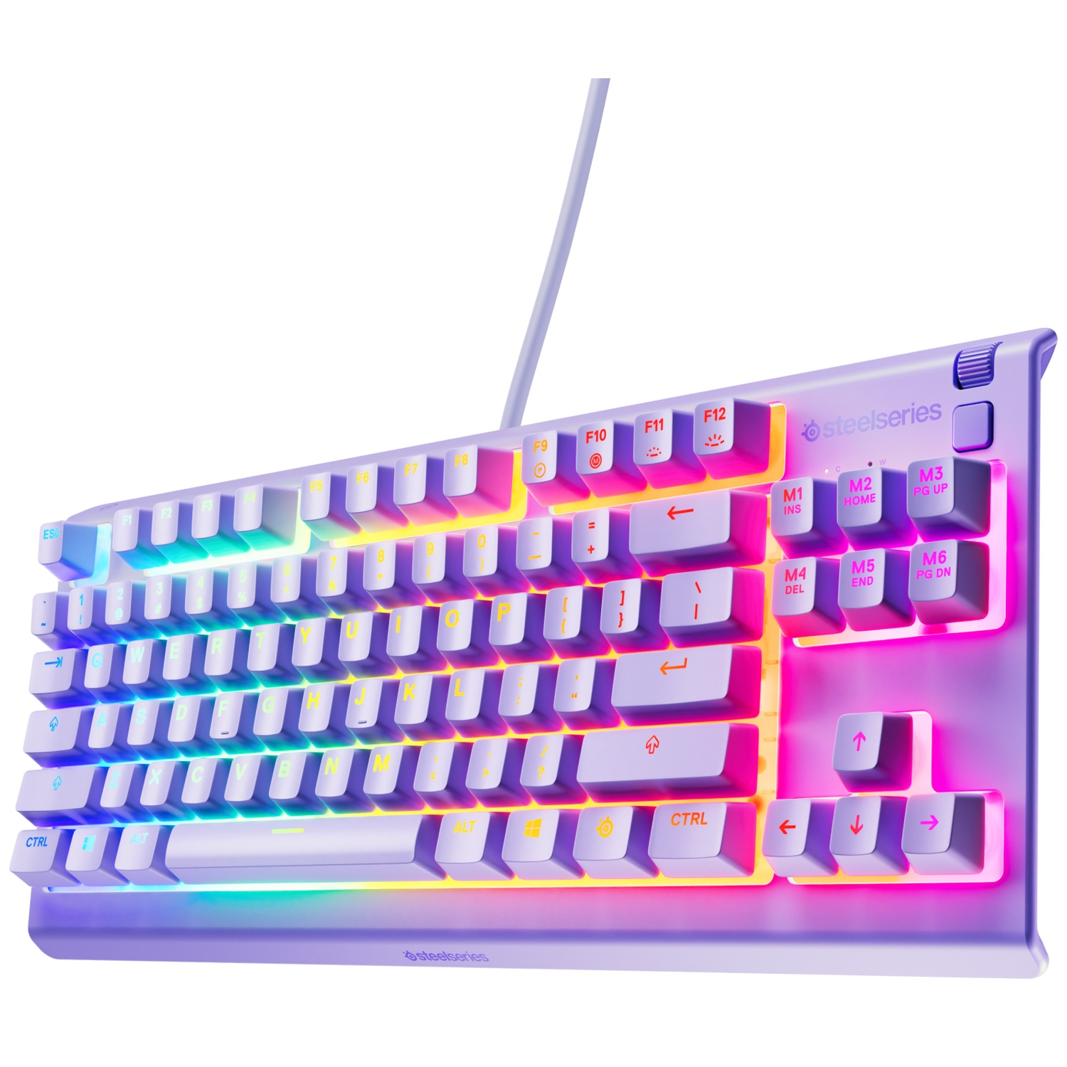 A white SteelSeries keyboard with illuminated keys. Rainbow backlight. Function keys are on top, arrow keys on the right.