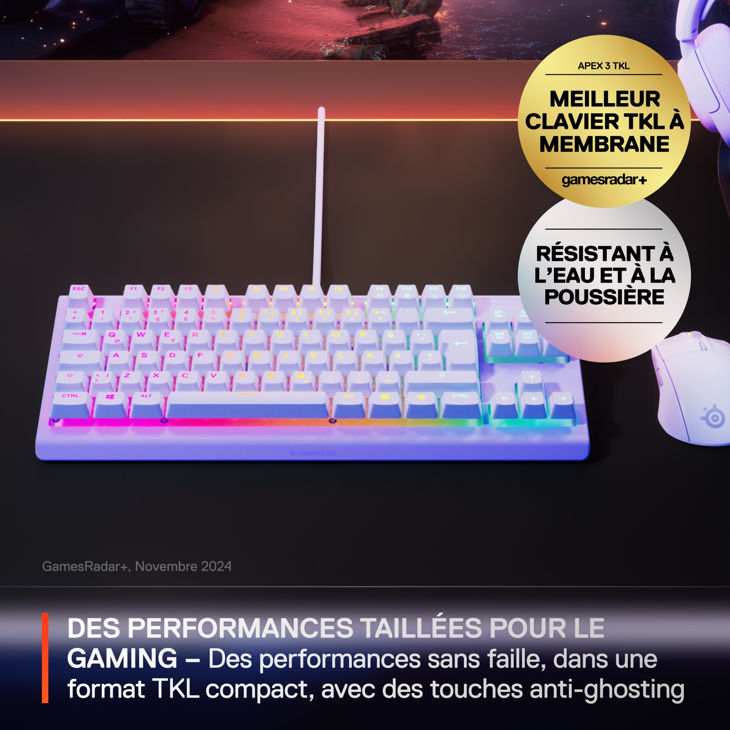 A white gaming keyboard with colorful keys, mouse, and text on a black surface. Text: 'MEILLEUR CLAVIER TKL À MEMBRANE'.