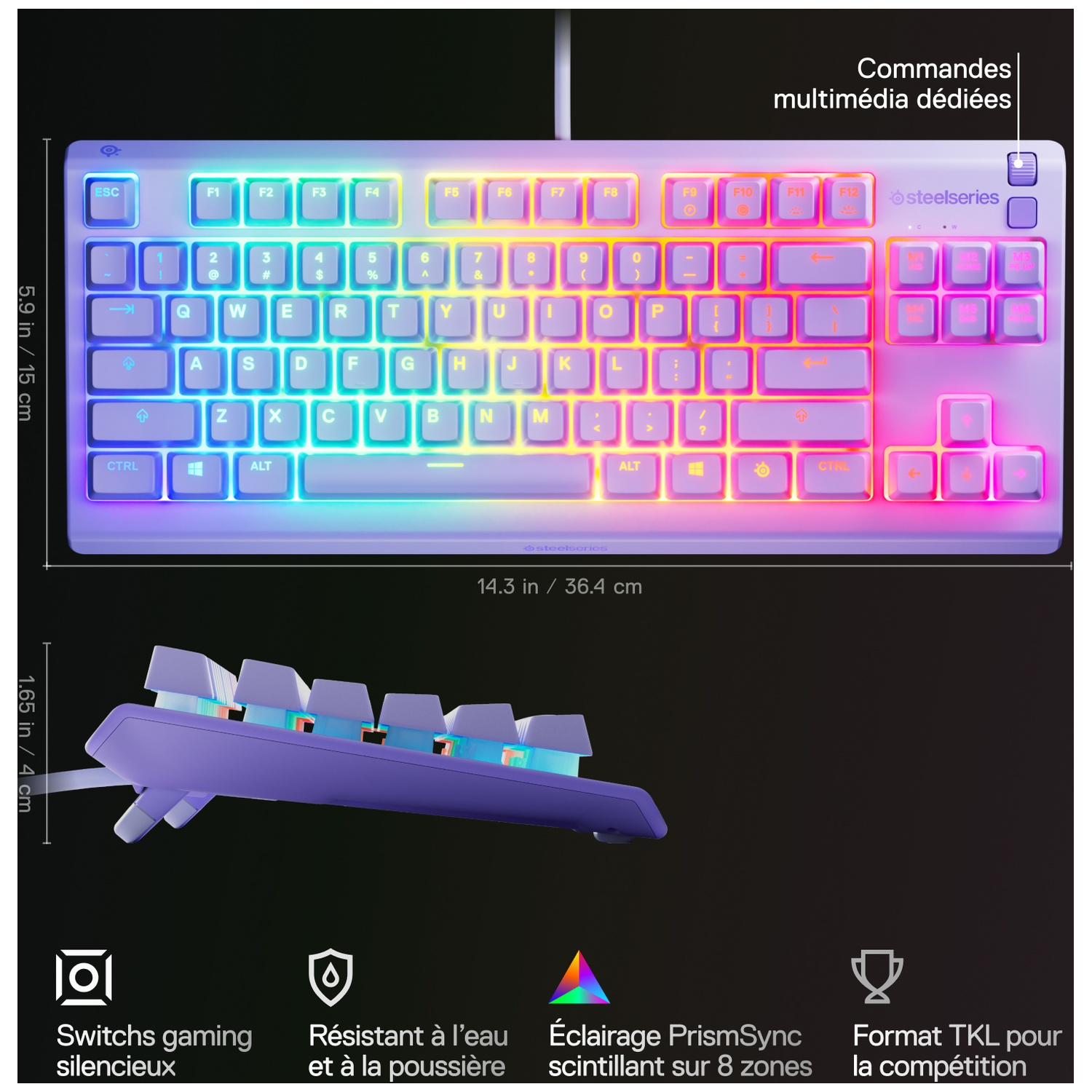 A white and purple gaming keyboard with rainbow backlighting. Features dedicated multimedia keys and TKL format.