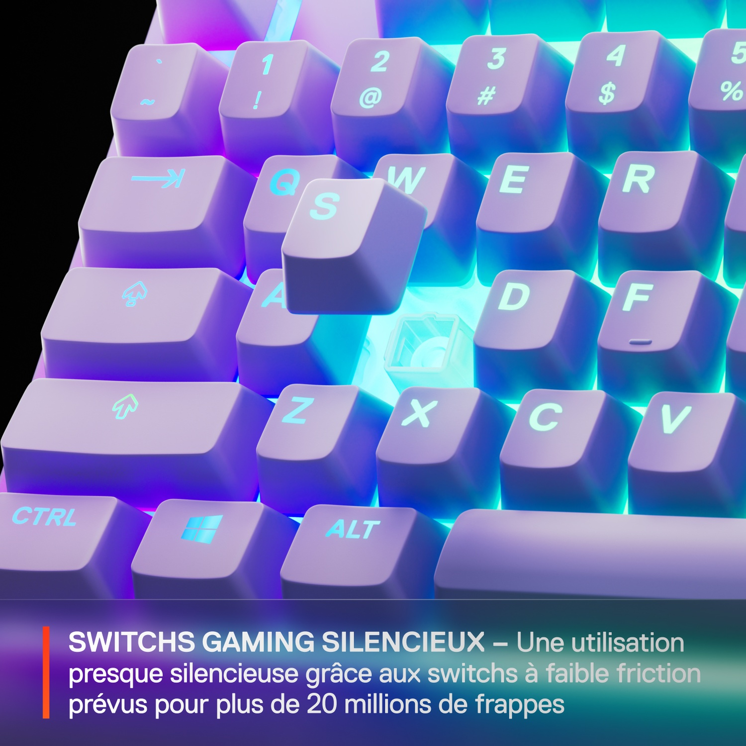 Close-up of a gaming keyboard with purple keys. Keys are lit with blue and green, featuring letters and symbols.